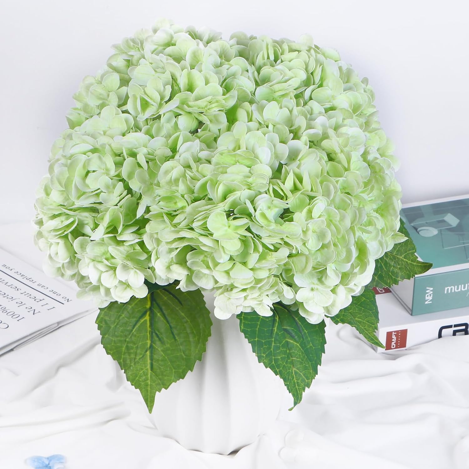 Hydrangea Artificial Flowers, 5pcs Real Touch Lifelike Hydrangeas, 21" Large Latex Faux Hydrangea for Home Decor Wedding Bouquets Floral Arrangements Table Centerpiece,LightGreen