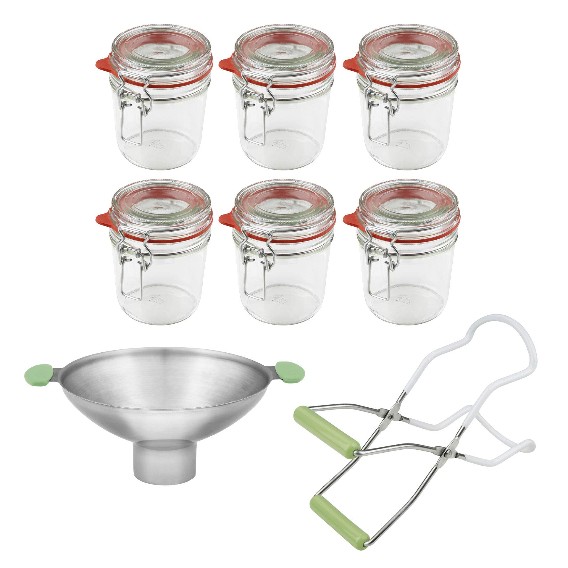 Dr. Oetker Einmachgläser mit Bügelverschluss 530 ml, Vorratsglas mit Trichter, Glasheber für luftdichte Marmeladengläser, vielseitiges Einweckglas (Farbe: Transparent/Rot/Grau), Menge: 1 x 8er Set