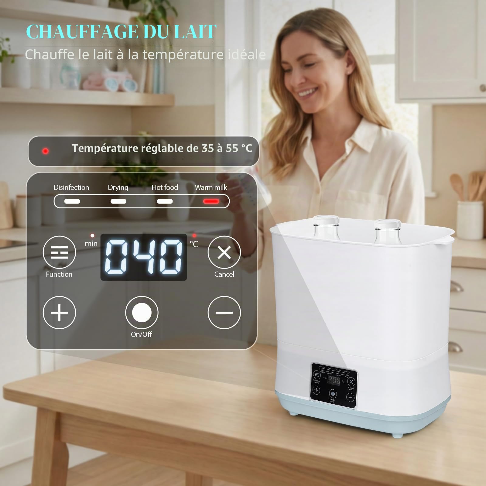 Stérilisateur et séchoir pour biberons, 5 en 1 stérilisateur électrique à vapeuravec avec kit de nettoyage, 2 layer niveaux pour biberons, tétines et accessoires de tire-lait, blanc