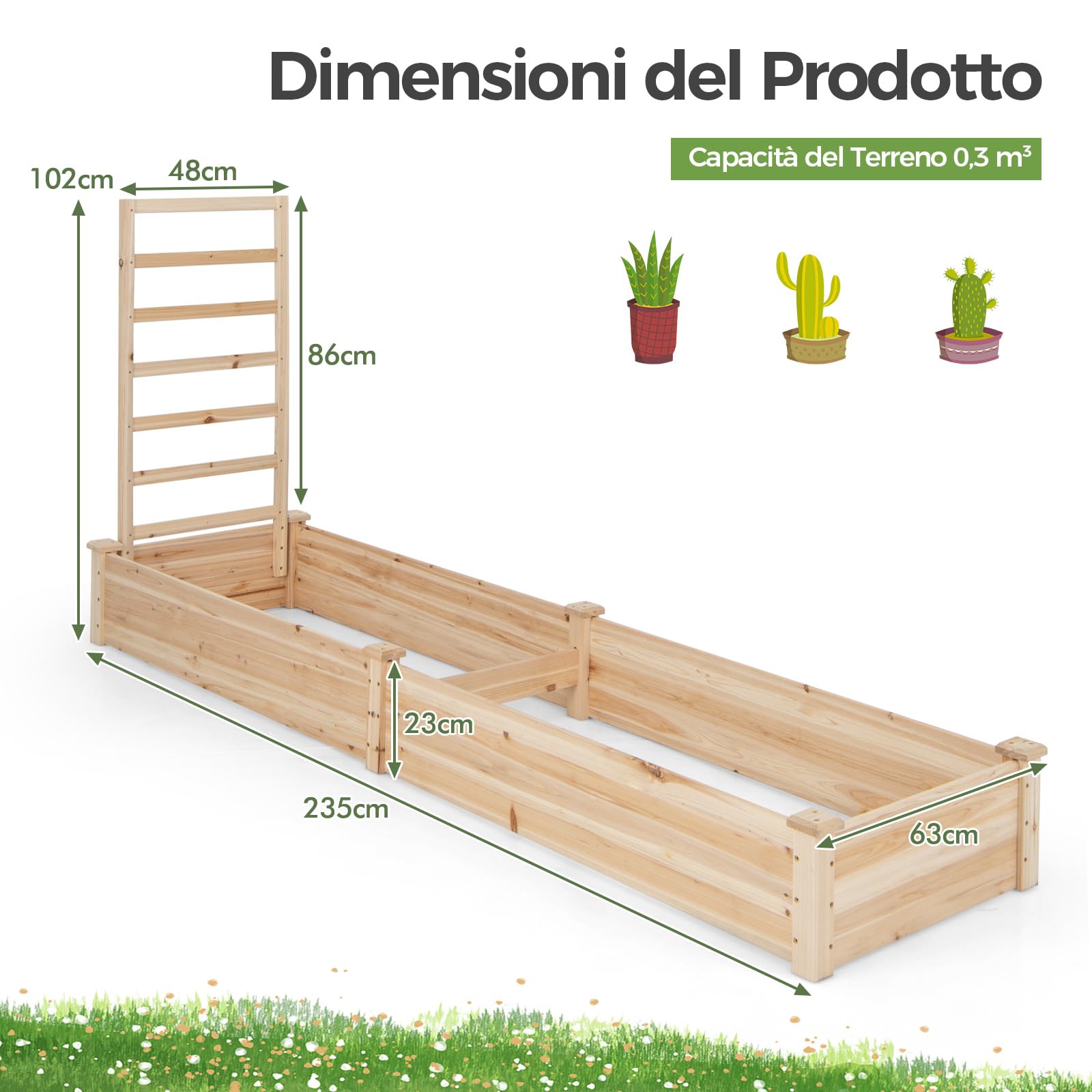 COSTWAY Fioriera da Esterno e Traliccio, Letto Rialzato in Legno per Fiori, Erbe, Verdure, Frutta e Viti Rampicanti, Aiuola Elevata da Giardino con Spalliera, 235CM x 63CM x 102CM (Naturale)