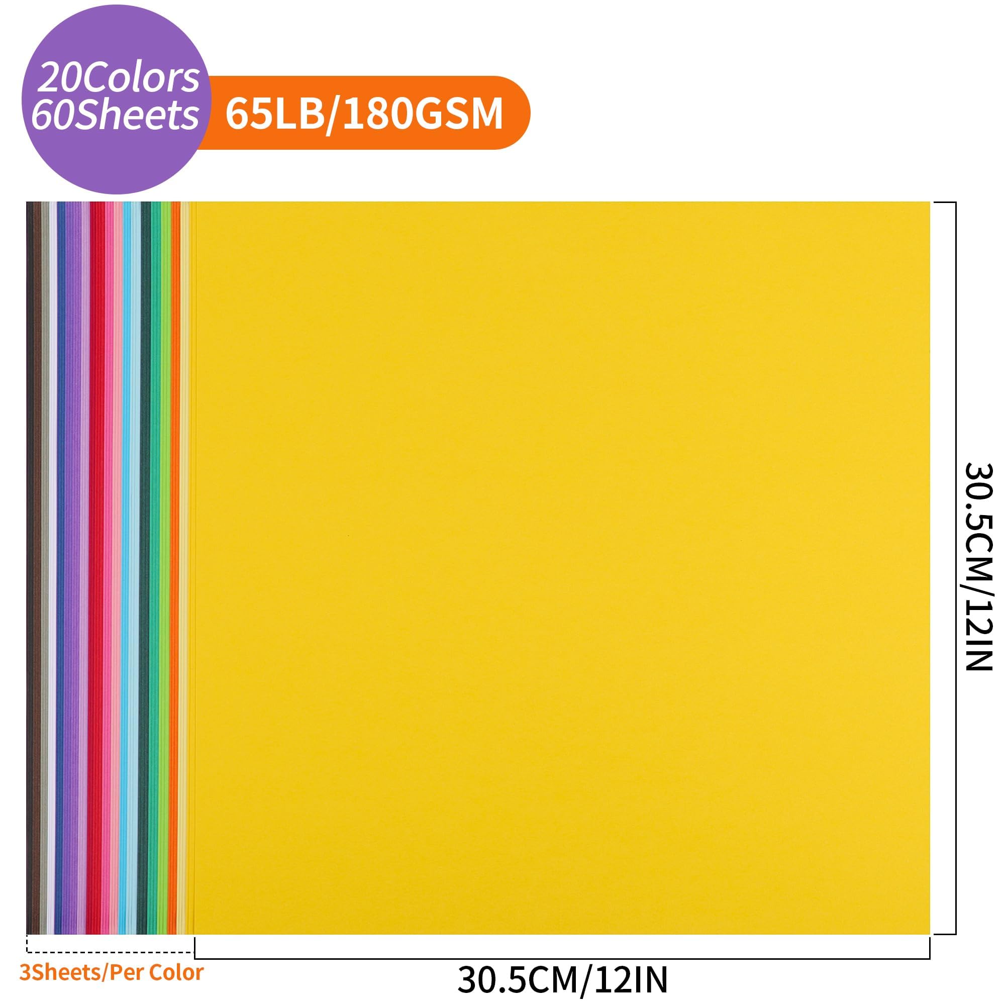 UAP10MX60 Cartoncino Colorato 12" x 12" 180gsm 65lb 60 Fogli 20 Colori 30,5×30,5cm