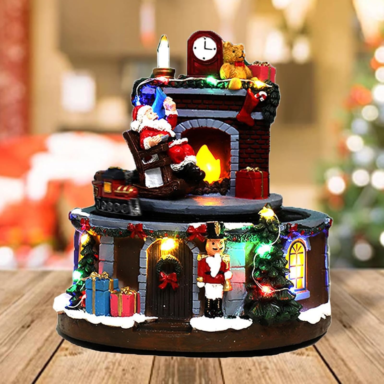 Adorno Navideño De Resina para Pueblo, Casa De Papá Noel con Escena De Nieve, Música Clásica Navideña Y Luz LED. Resistente Y Duradero. Textura Maravillosa. Ideal para Repisas Y Estanterías