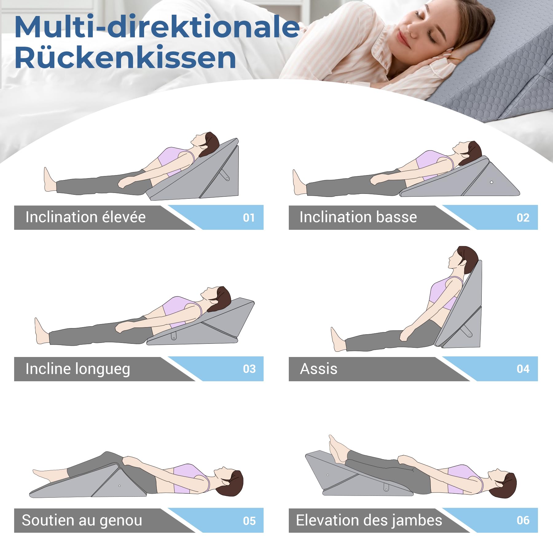INFANZIA Coussin incliné pour lit, Coussin de Coin, Oreiller Triangle Pliable en mémoire de Forme pour l'apnée du Sommeil, Reflux Acide (Gris)