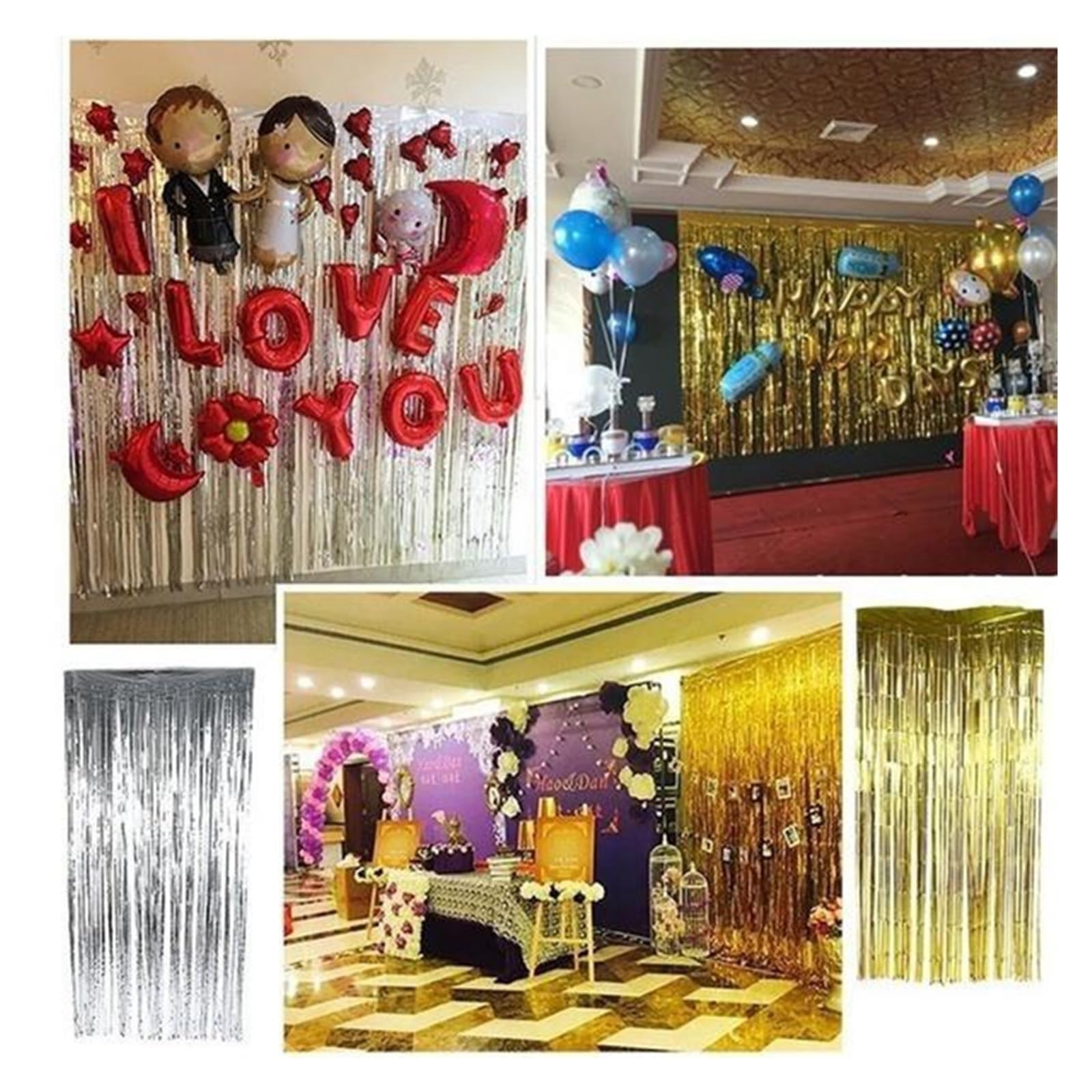2 stuks metallic klatergoud gordijnen, 1 m x 2,5 m glitter