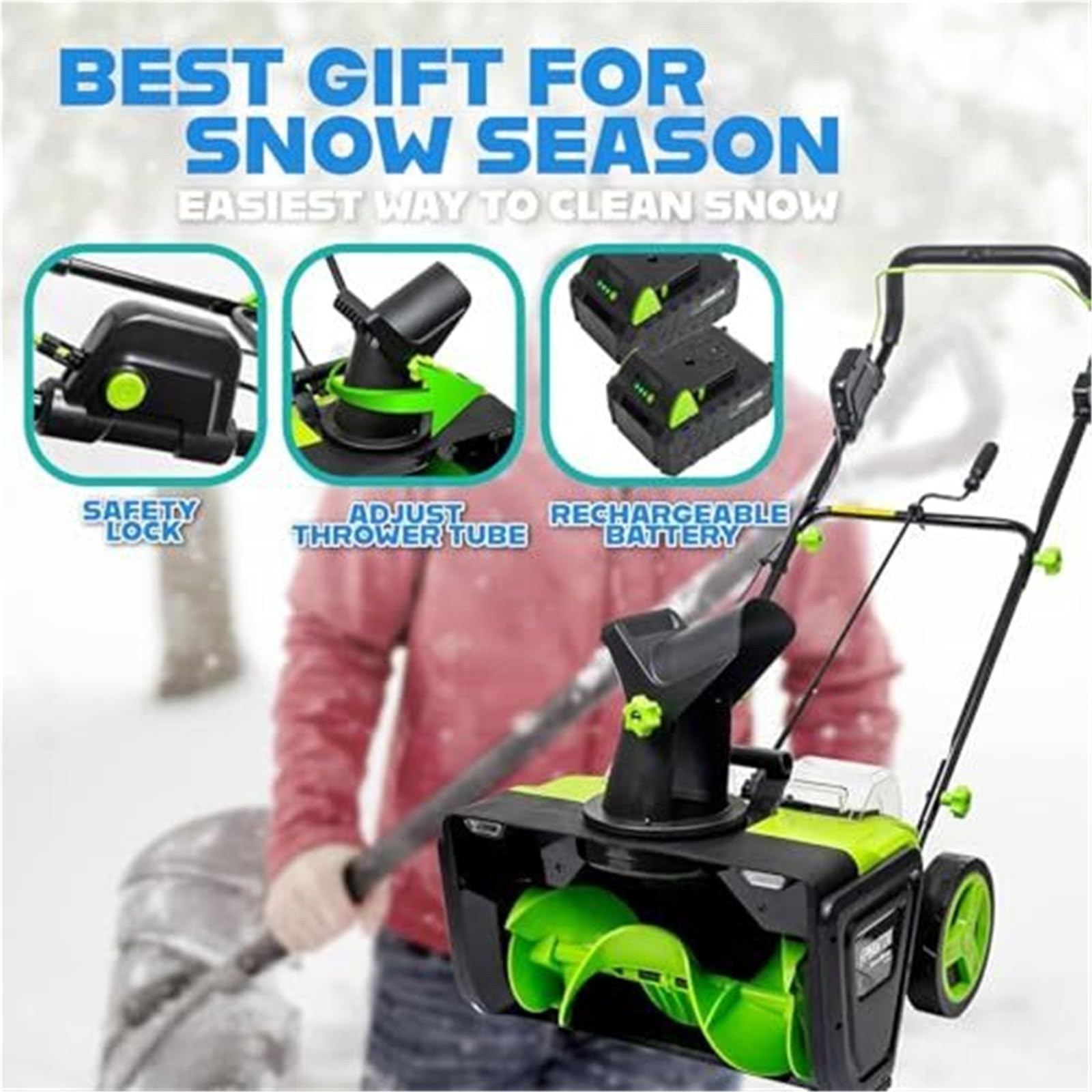 Spazzaneve elettrico senza fili, 50,8 cm, motore da 3500 W, doppia luce LED, distanza di lancio di 7,6 m, aratura 385,6 kg/min, scivolo regolabile, guanti e occhiali inclusi