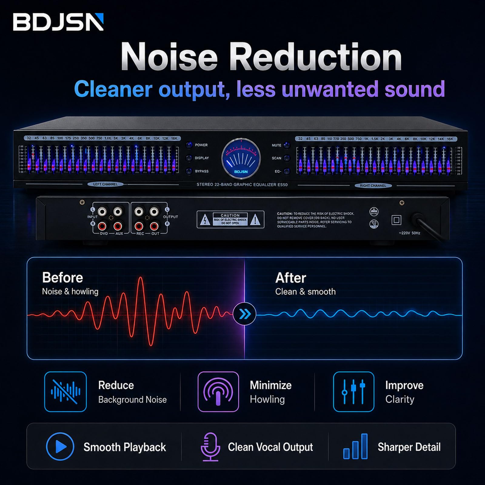 Zweikanaliger 22-Band-Stereo-Grafik-Equalizer, ±12 Db Audio-eq Mit Led-pegelanzeige, 10 Voreingestellte Modi, Rauschunterdrückung, Bass-, Mitten- Und Höhenregler Für Heimkino, Karaoke