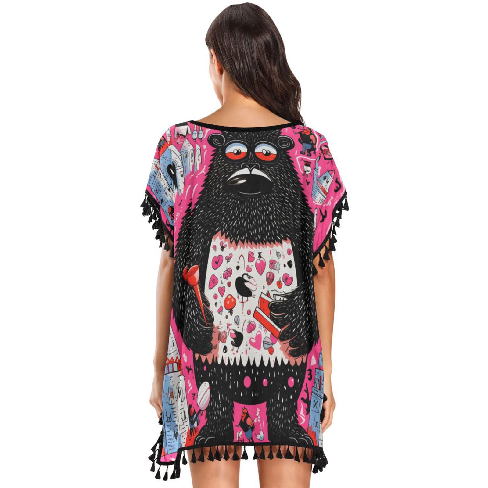 Pink Black Gorilla Art Women's Beach Cover Up Chiffon Tassel Swimwear Swimsuit Coverups for Girl