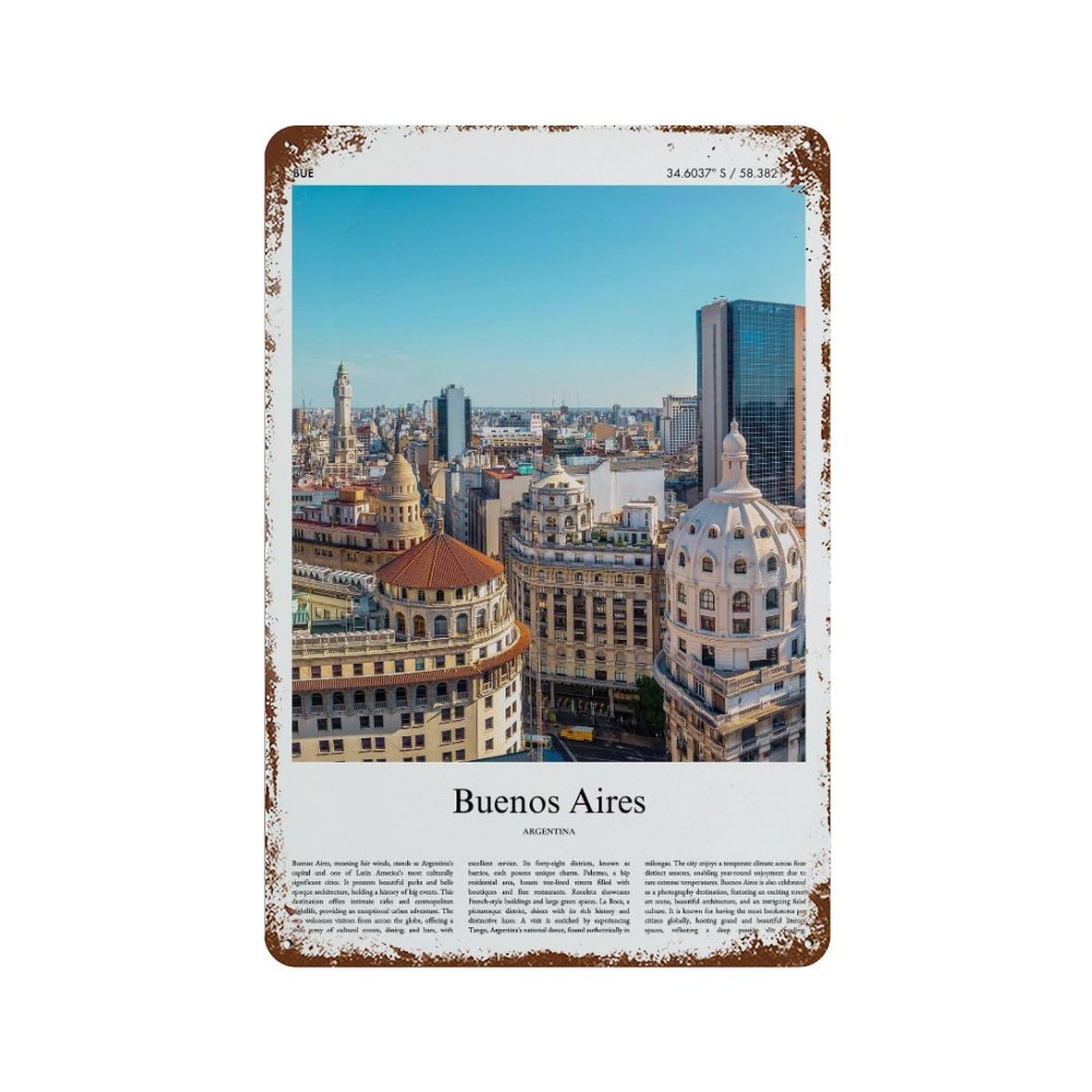 xiaoxiaoshen Buenos Aires Argentina City Scenery Wall Decor Art Metal Tin Poster Modern Home Decor Art Home Bar Shop Decorations Vintage Sign 30x20cm