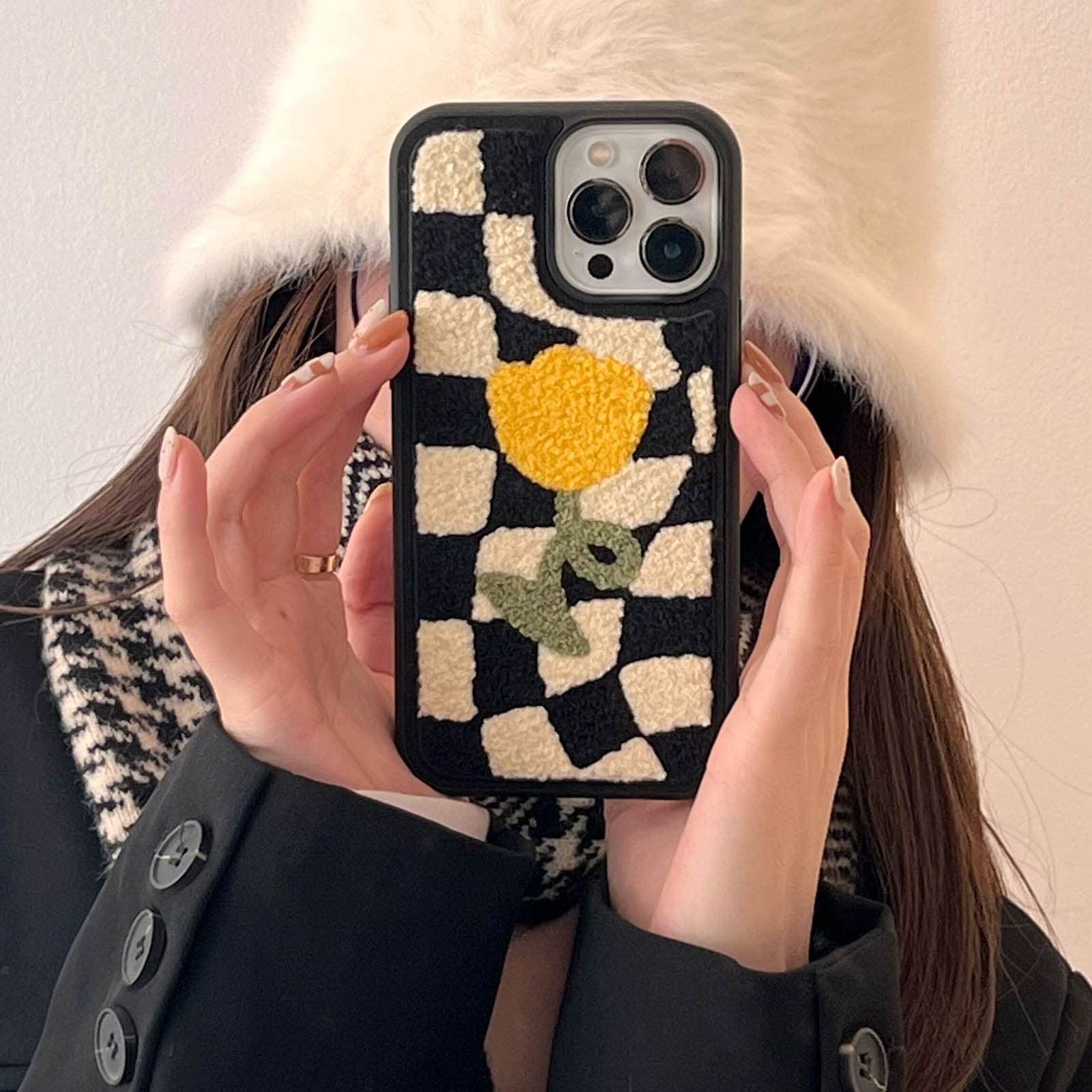 Amazon.com: aaknhen Winter Fuzzy Plush Embroidered Checkered Phone