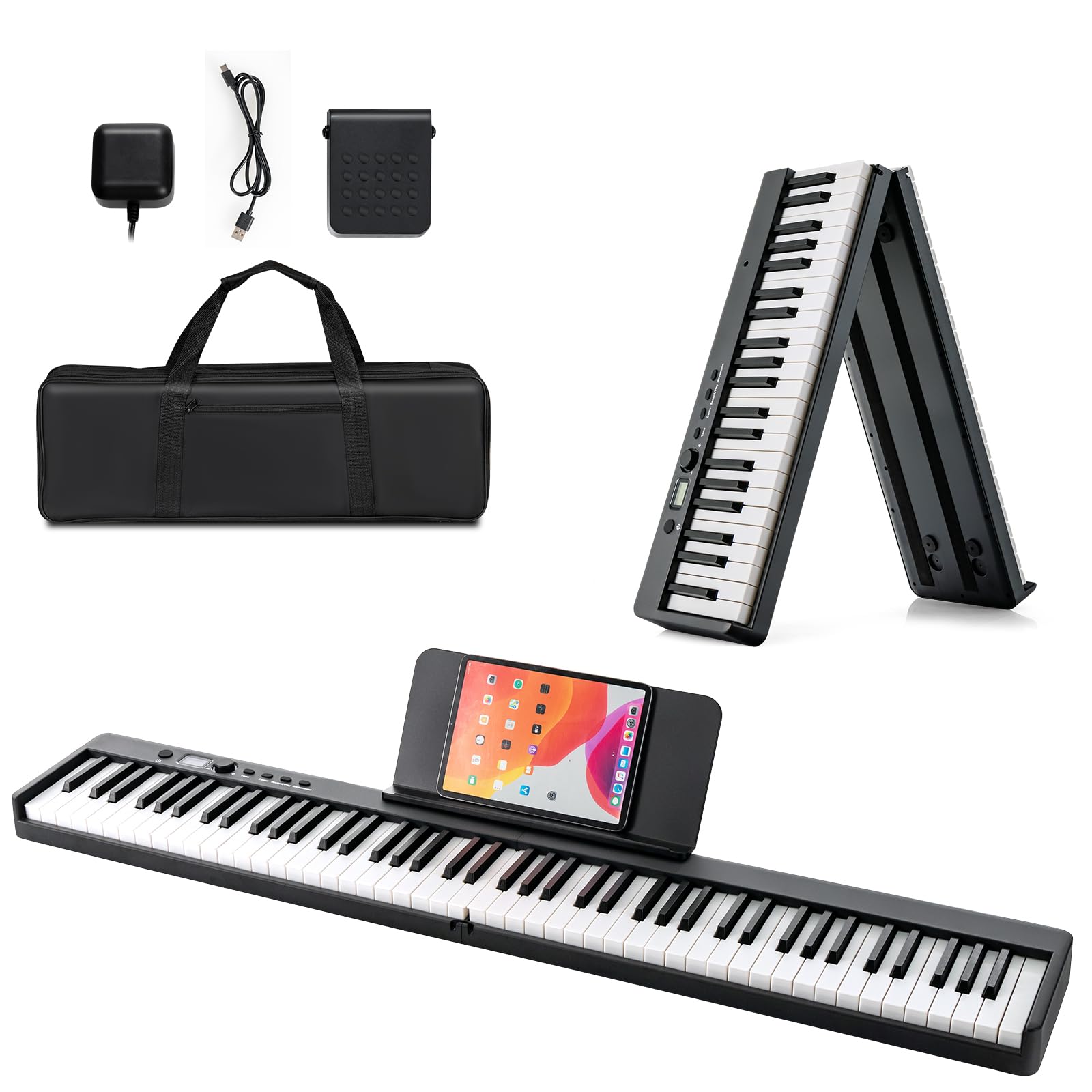 KOMFOTTEU Pianoforte Digitale 88 Tasti Pieghevole, Tastiera Elettronica Multifunzionale con Pedale Sustain per Principianti, Pianola Portatile con Borsa per Pianoforte (Nero)