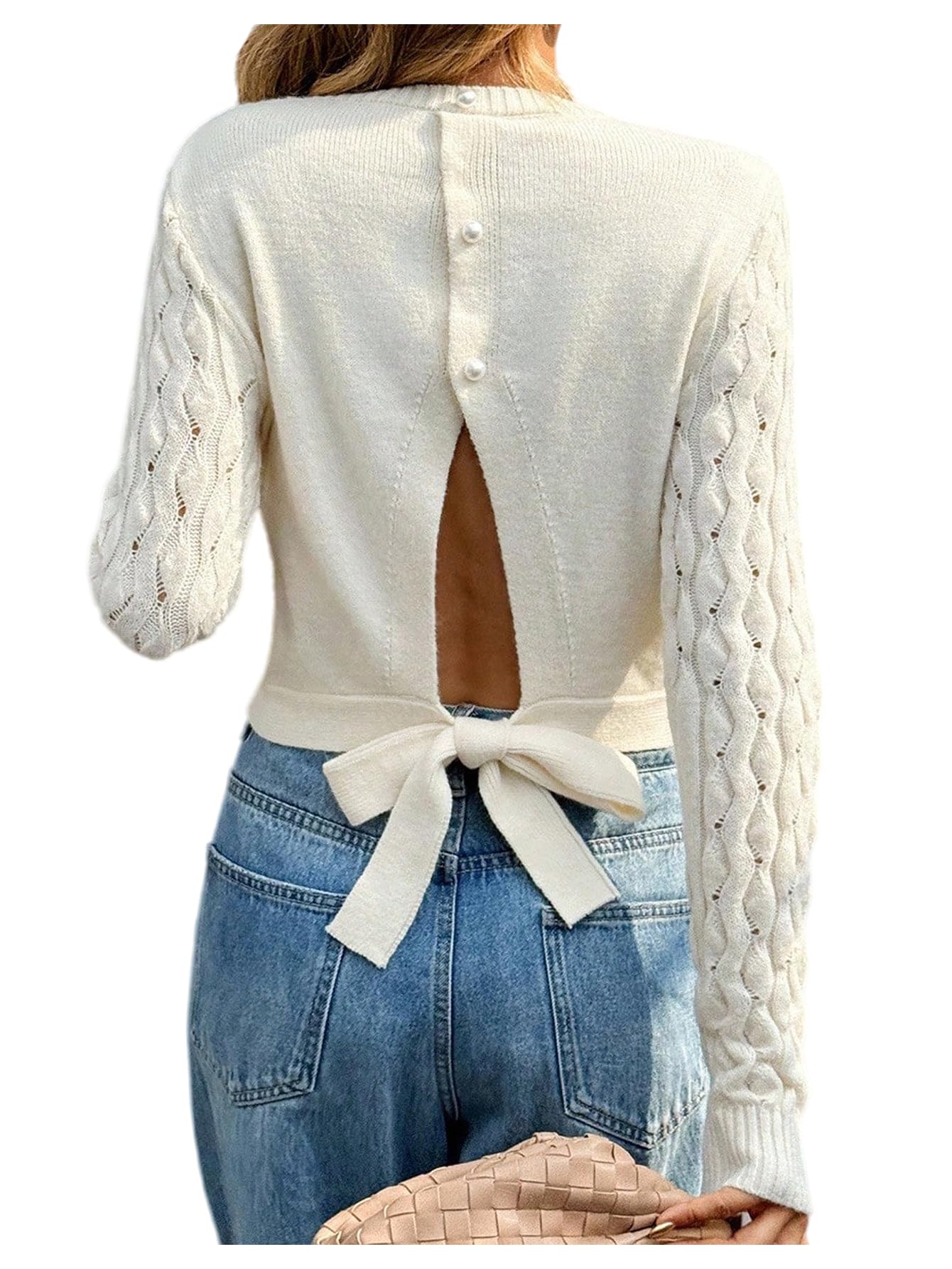 GORGLITTER Womens Bow Cropped Sweater Open Back Cable Knit Crewneck Long Sleeve Fall Old Money Pullover Crop Top