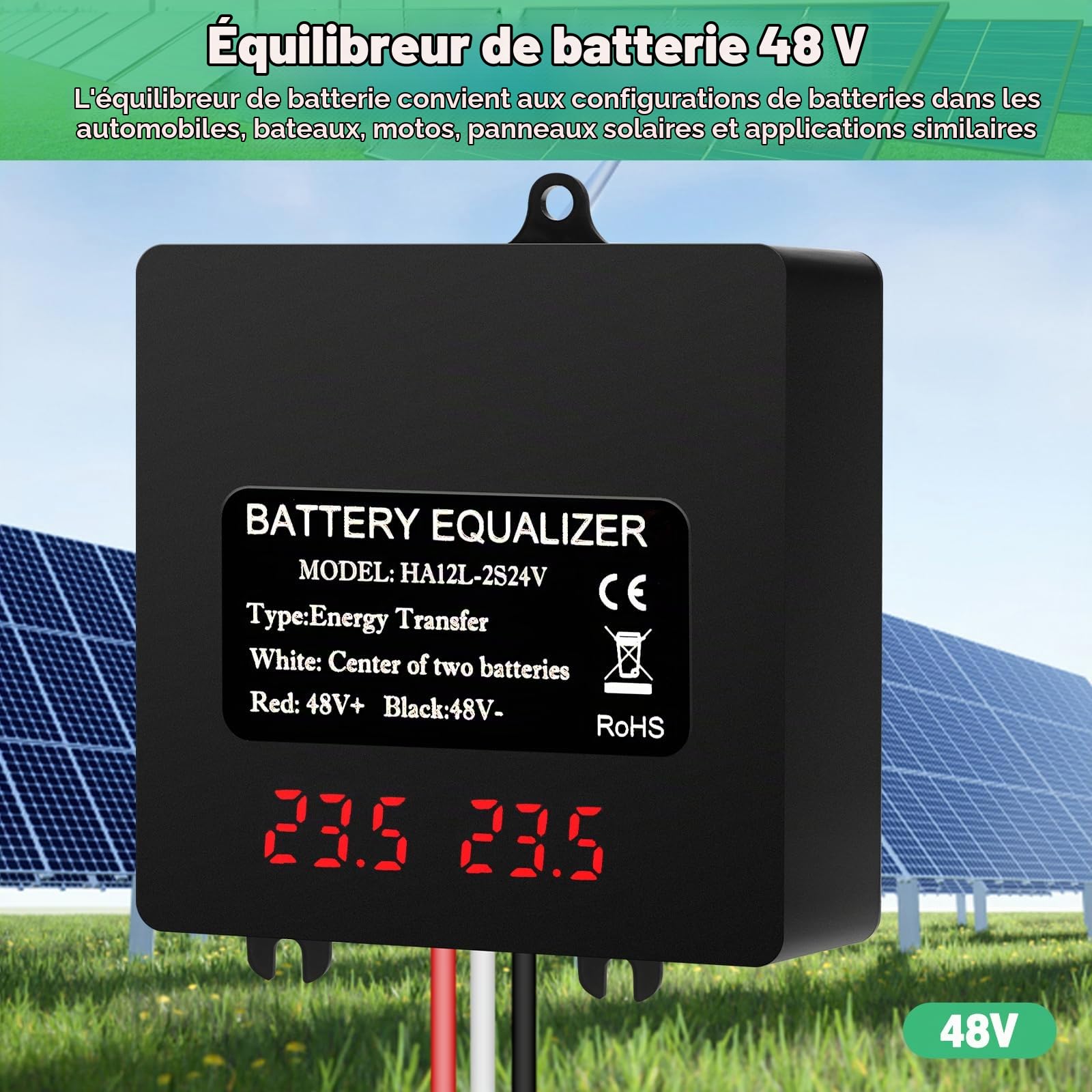Batterie Égaliseur Batterie Solaire Equilibreur de Batteries avec Affichage Numérique pour Tension d'égalisation Plomb-acide Lithium-ion Nickel-métal hydrure 2 x 24V Connexion en série Étanche IP67