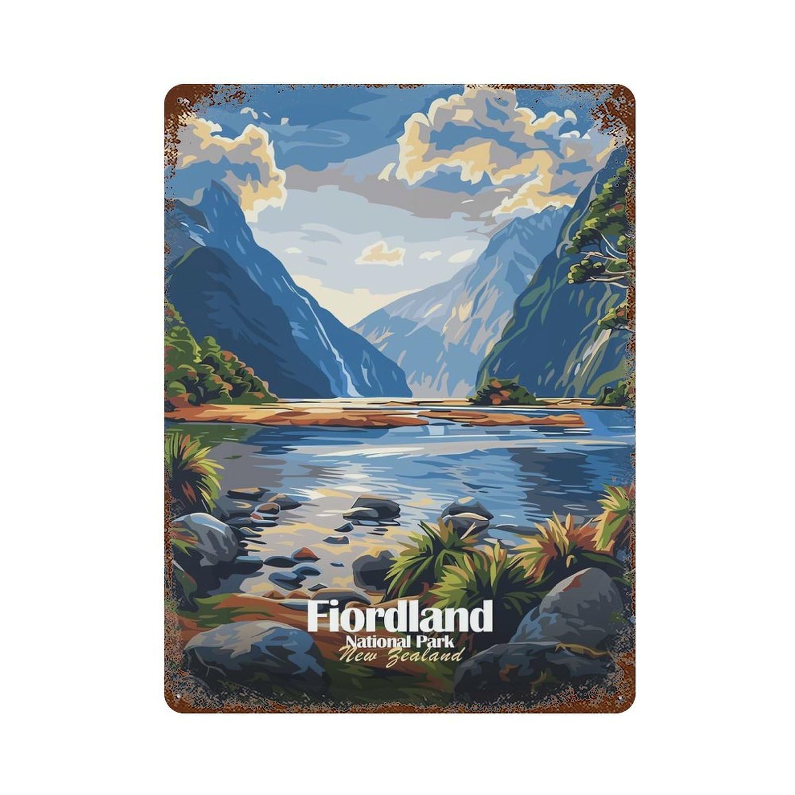 Fiordland National Park, New Zealand Rust Effect Tin Sign 15.7"x11.8", Farmhouse Wall Decor for Farmhouse, Kitchen And Entryway Decor