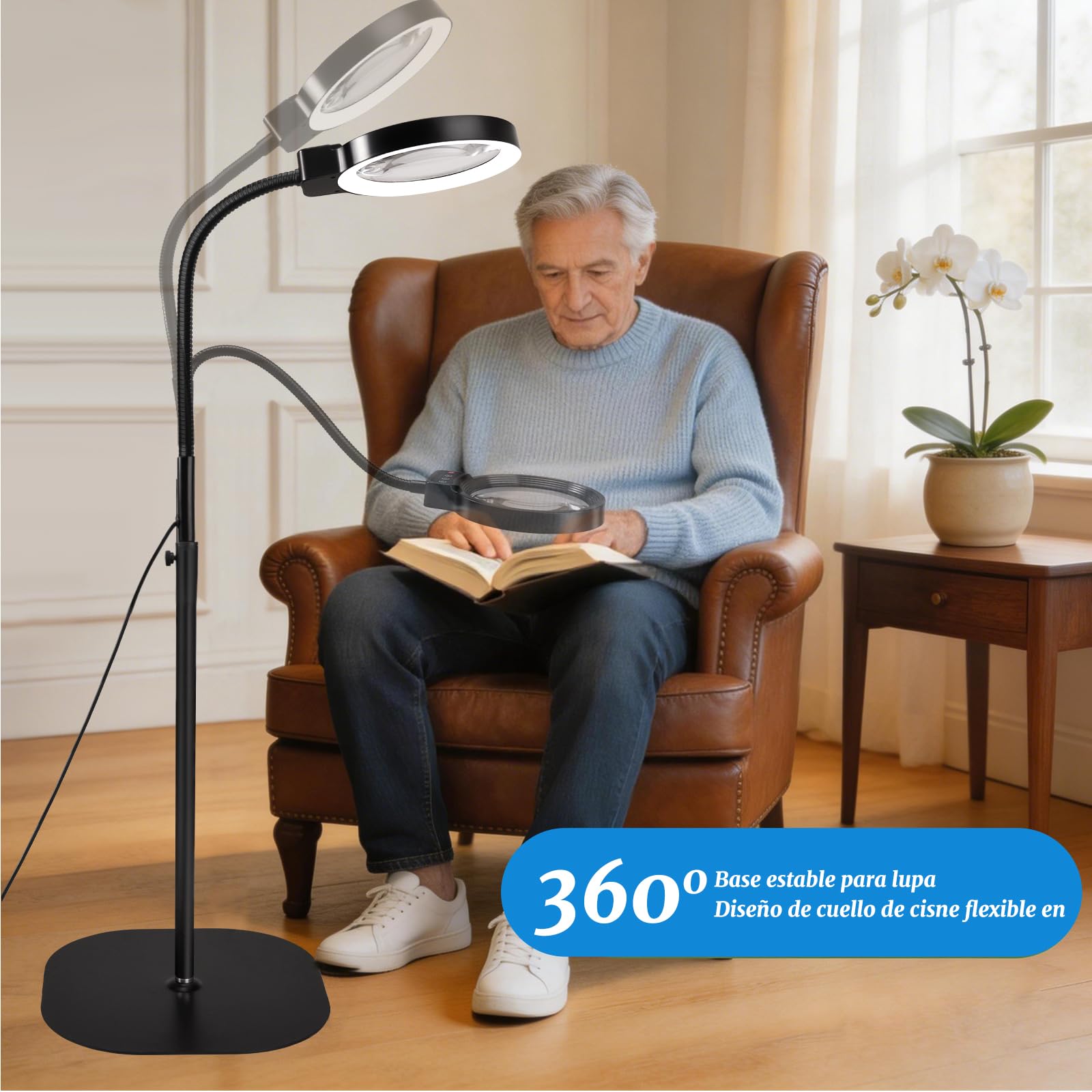 Lupa con Luz 10X/30X Gran Aumento – Lupas de Gran Aumento con Luz con 72 Leds, Brazo Flexible 360°, Base USB, Lupa de Pie para Lectura, Manualidades y Reparación