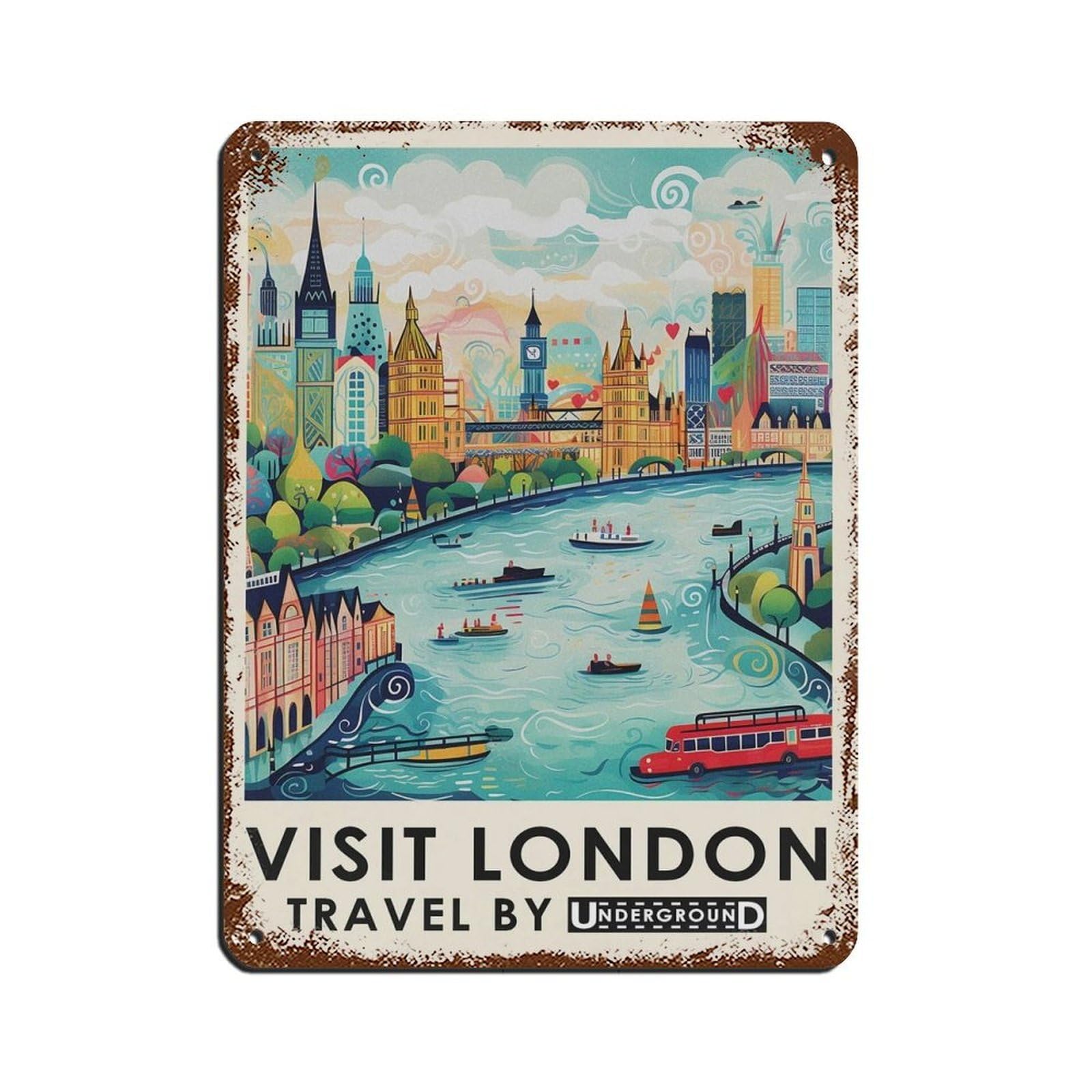 London Vintage Travel, Exhibition Poster Tin Sign Vintage Metal Pub Club Cafe Bar Home Wall Art Decoration Poster Retro 12x16inch(30x40cm)