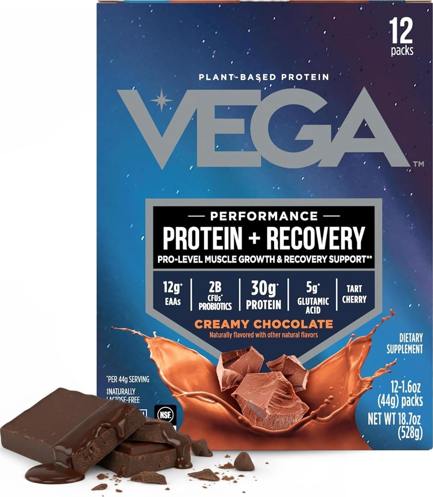 Vega Proteína Vegetal para Esporte, Chocolate, 30 g de proteína, 12 sachês