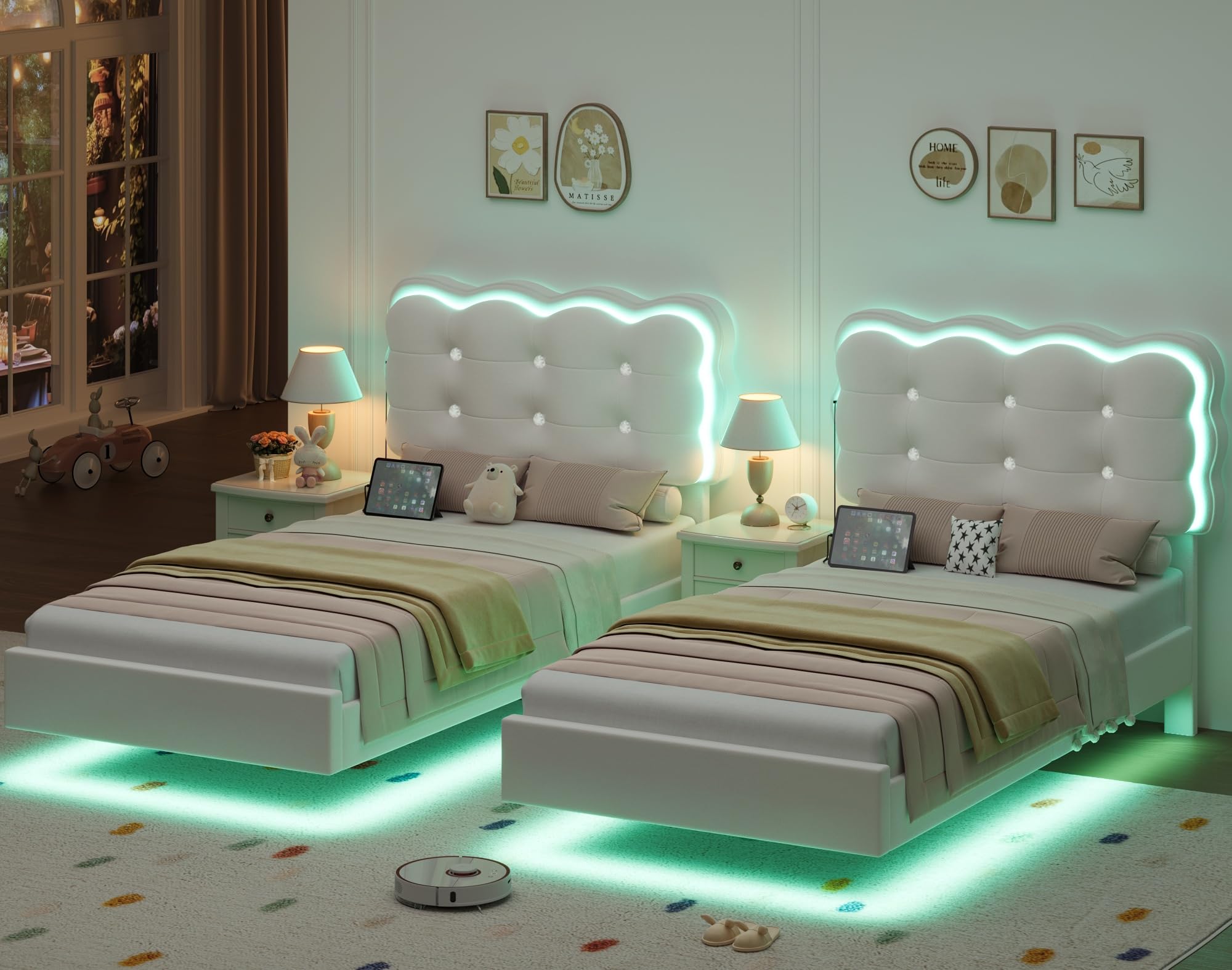 HIFIT 2 Set Upholstered Twin Size LED Bed Frame with Charging Station, Adjustable Crystal-Tufted Puffs Headboard, Velvet Girls Floating Twin Platform Bed Frames for Kids with Under Bed Lights, Beige