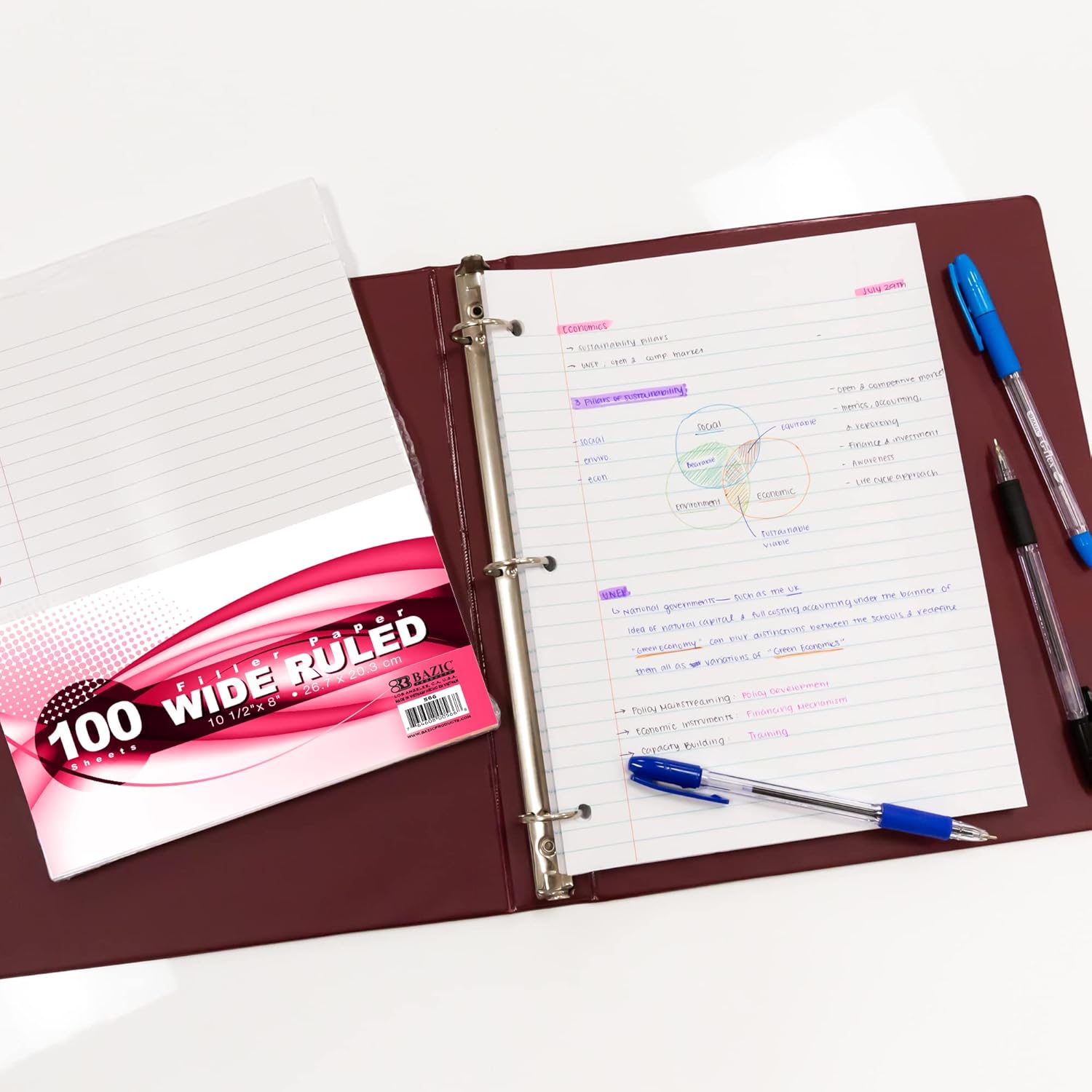 BAZIC Products Filler Paper Loose Leaf Papers 100 ?Sheet, Wide Ruled 3 Hole Punched for Ring Binders, for Office School Student Writing, 36-Pack