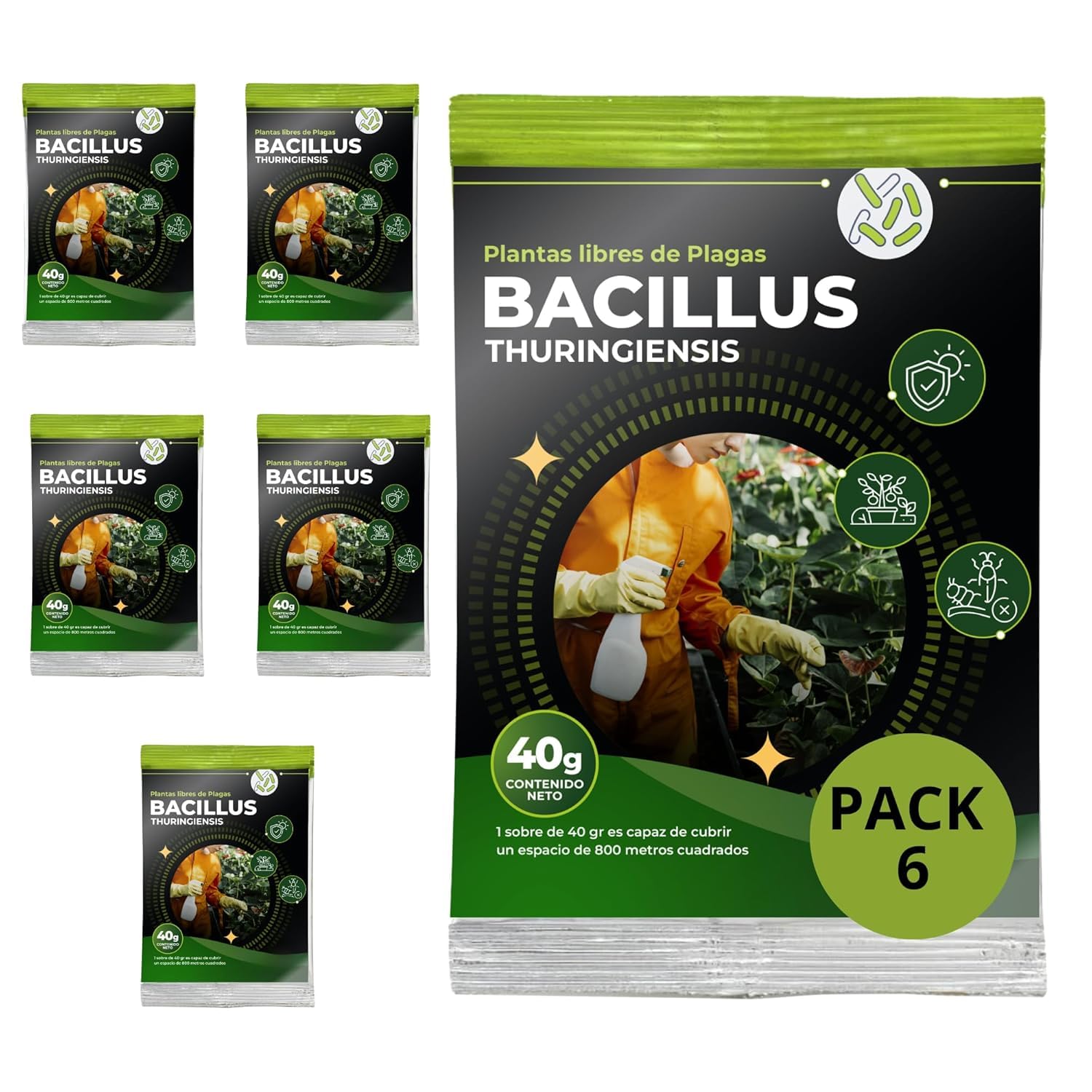 TRABE Pack 6 Bacillus Thuringiensis 40g | Protección 4800 m² contra Orugas Ecológico | Protege Todo Tipo de Cultivos y Plantas de Plagas | Respeta Animales, Medio Ambiente y Personas