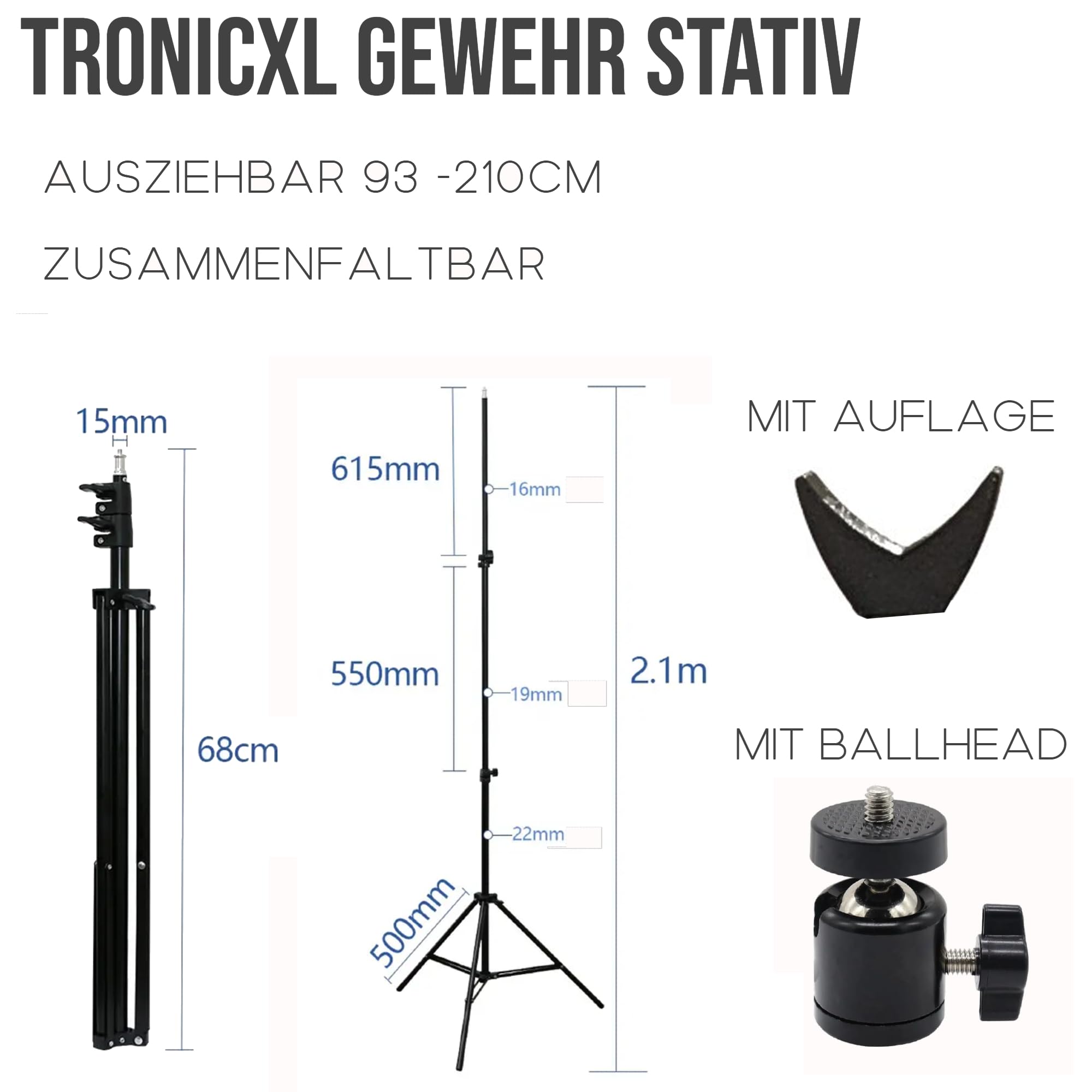 TronicXL 93-210 cm Stativ + Auflage für Objektiv I Gewehr I Gewehrauflage Stativ Dreibein 1/4 Zoll Adapter für Gewehre Waffen Ständer Gewehrstativ Kugelkopf