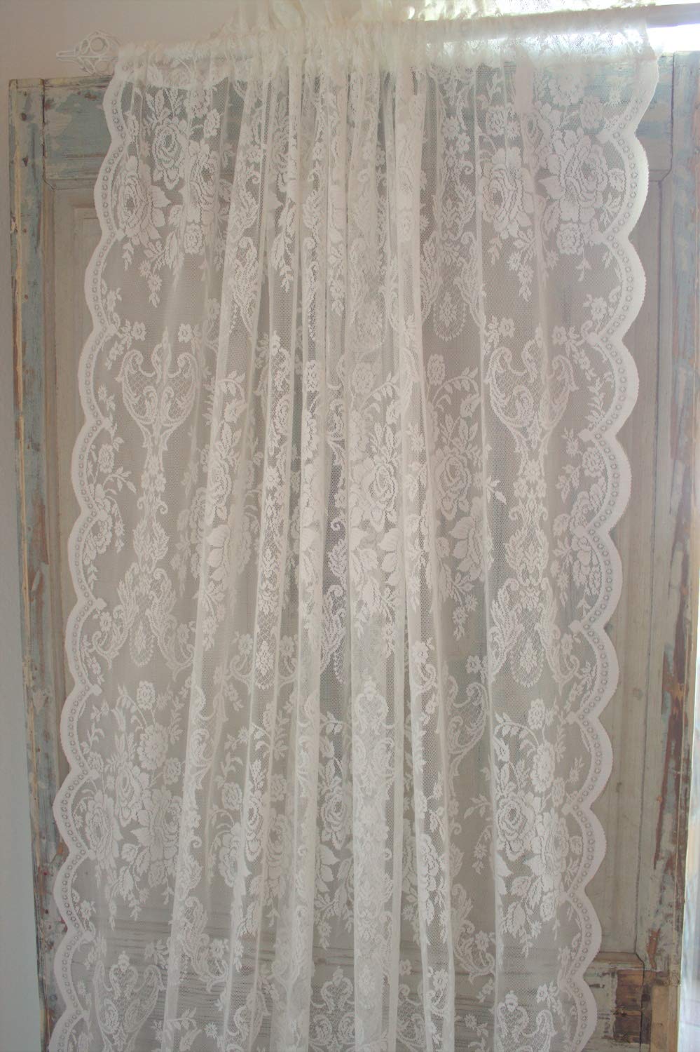 Offwhite Lucia Vorhang Spitzen Gardine Rosen 120x240 cm 2 Stück Gardinenshals Landhaus Shabby Vintag
