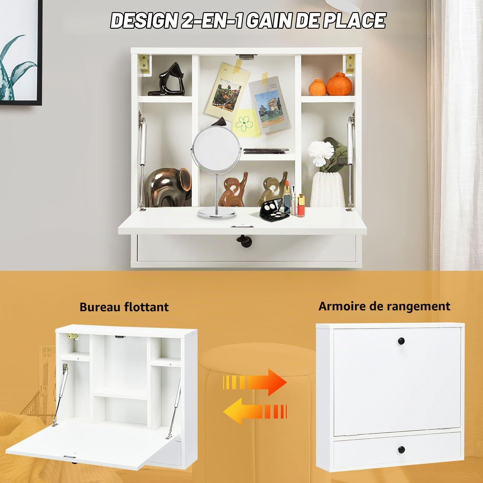 LIFEZEAL Bureau Mural, Table Murale Pliable Peu Encombrant, Bureau Suspendu Pliable avec Tiroir & Étagères, Table Murale pour Bureau, Chambre, Salle d'Étude,60 x 15 x 57 cm (Blanc)