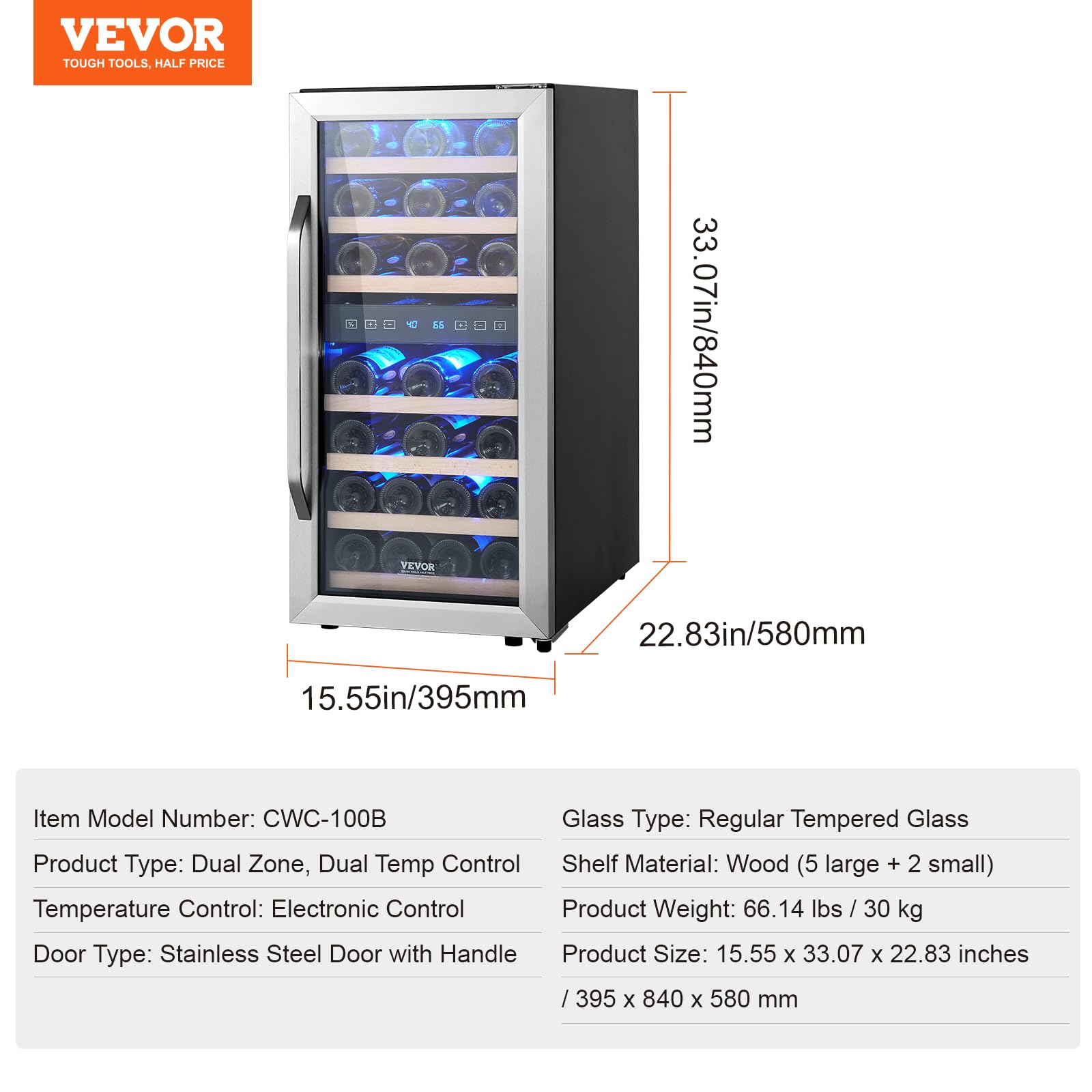 VEVOR Cantinetta per Vini Capienza da 33 Bottiglie, Cantinetta Portabottiglie Doppia Zona, Frigo con Raffreddamento ad Aria Circolante Controllo Digitale, Protezione UV, per Vino Rosso e Bianco