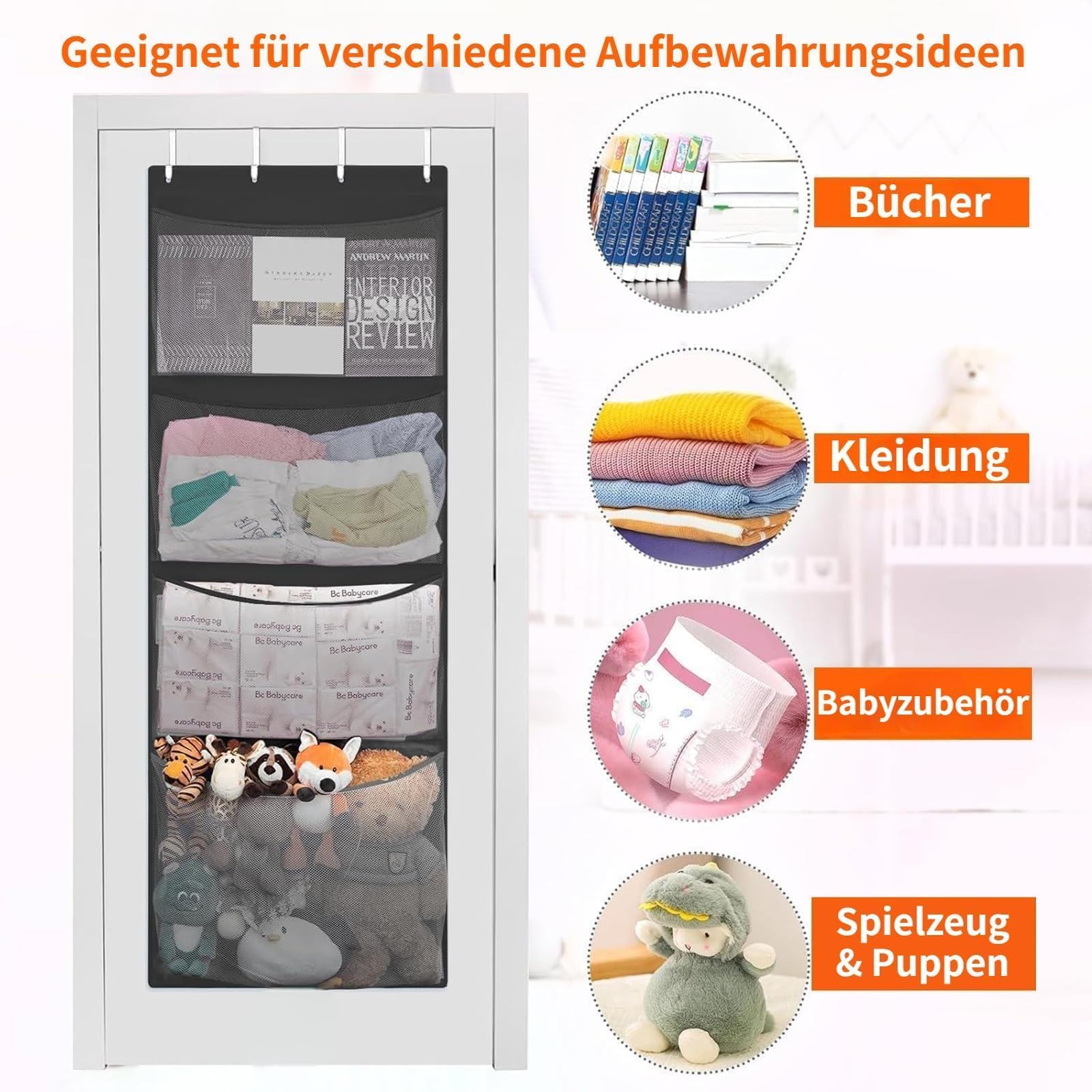 Raheem Kuscheltier Aufbewahrung, Tür Organizer mit 4 großen Taschen, Hängeaufbewahrung Kinderzimmer, Stofftier Aufbewahrung Wandorganizer für Kinderzimmer, Badezimmer, Schlafzimmer，Schwarz