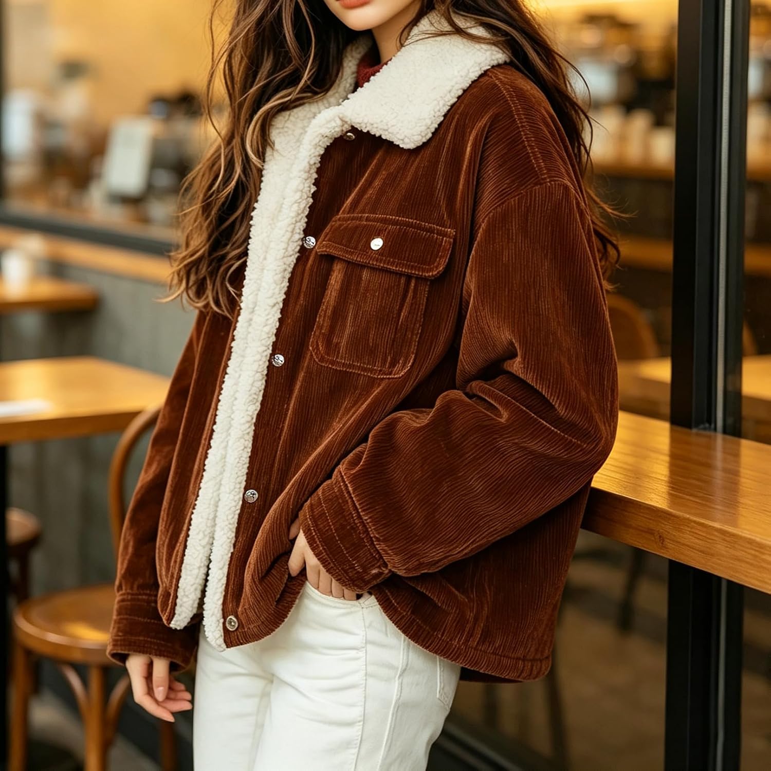 chouyatou Women's Winter Sherpa Fleece Lined Corduroy Coat Button Down Warm Faux Fur Jacket Outerwear