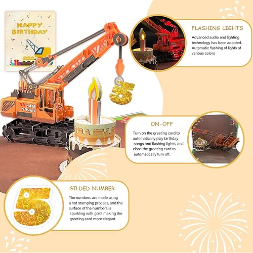 Miniatura 3 de Tarjeta de felicitación 3D de 5 cumpleaños con luz y música, tarjeta de camión grúa para niño, sobrino, nieto, hijo, niño pequeño, con sobre,