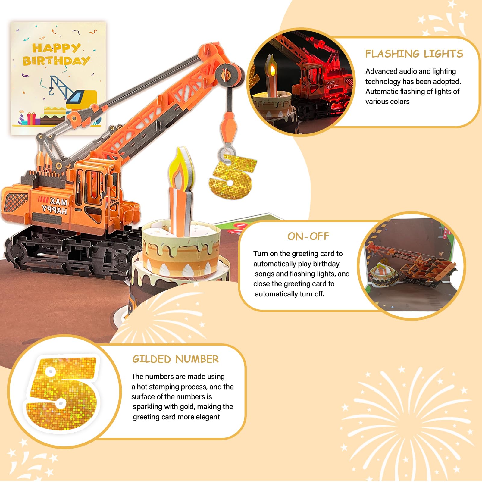 Kartka z życzeniami 3D Pop Up na 5. urodziny ze światłem i muzyką, karta Crane Truck dla chłopca, siostrzeńca, wnuka, syna, malucha, z kopertą, karta wiadomości - Open it Play: odtwarza hit