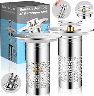 Bathroom Sink Drain Strainer 2 Pack, Universal Pop Up Stopper with Removable Filter Basket, Hair Catcher Drain Plug, Sink Filter Fits 1.1"-1.45" Basin