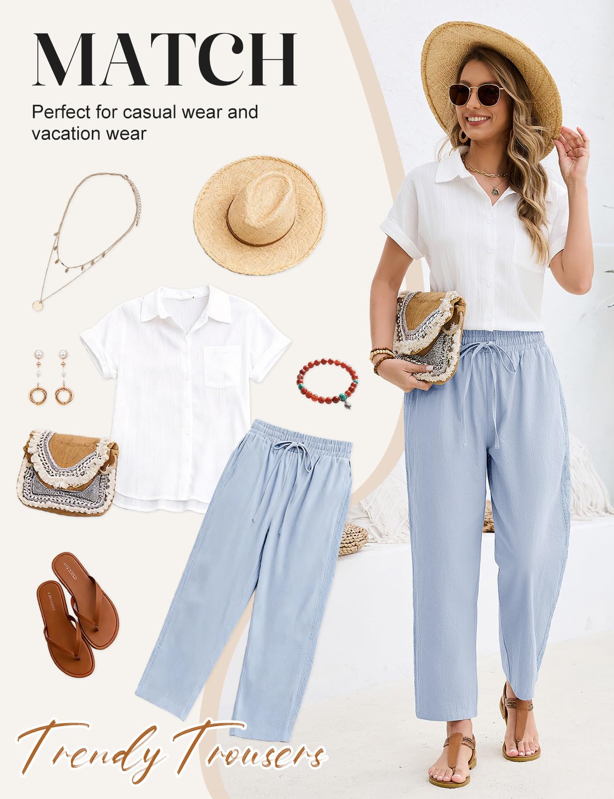 Pantalones Mujer Verano 7/8 Algodón Cintura Alta Casual con Bolsillos