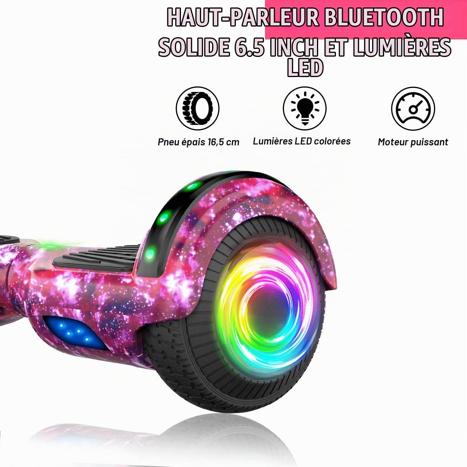 Hoverboard avec lumières LED, roues lumineuses LED, Hoverboard auto-équilibrant avec technologie d'équilibre actif, Ne comprend pas l'hoverkart