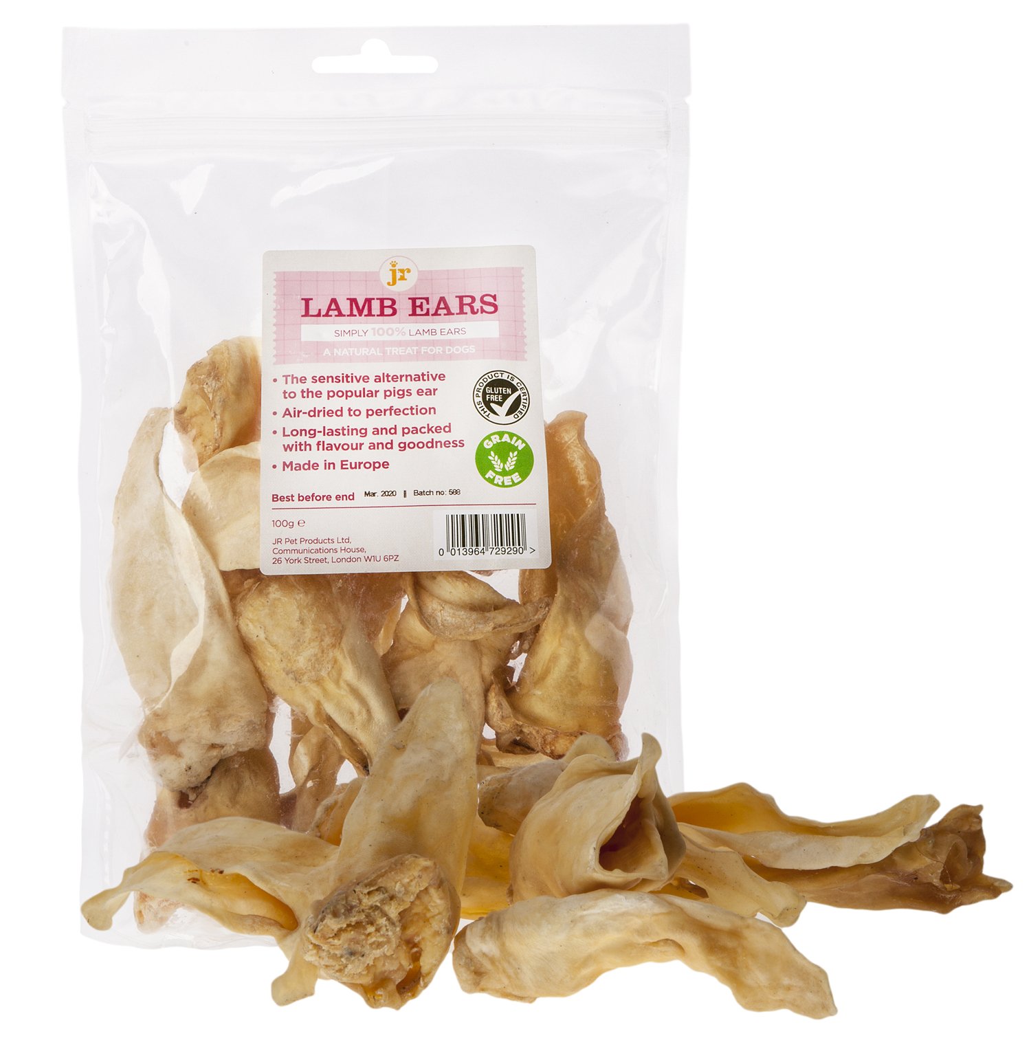 JR Pet Products 100g Lamb Ears (Approx 12) 100% Natural Hypoallergenic Dog Treat Chew Supplied