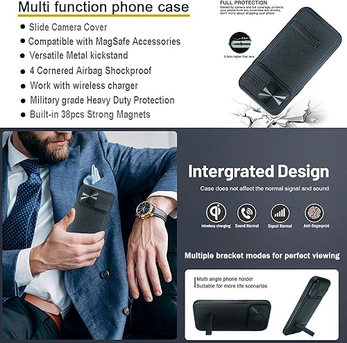 Miniatura 2 de Funda magnética fuerte para iPhone 15 Pro compatible con MagSafe, 3 formas de soporte incorporadas y cubierta de cámara de protección completa de