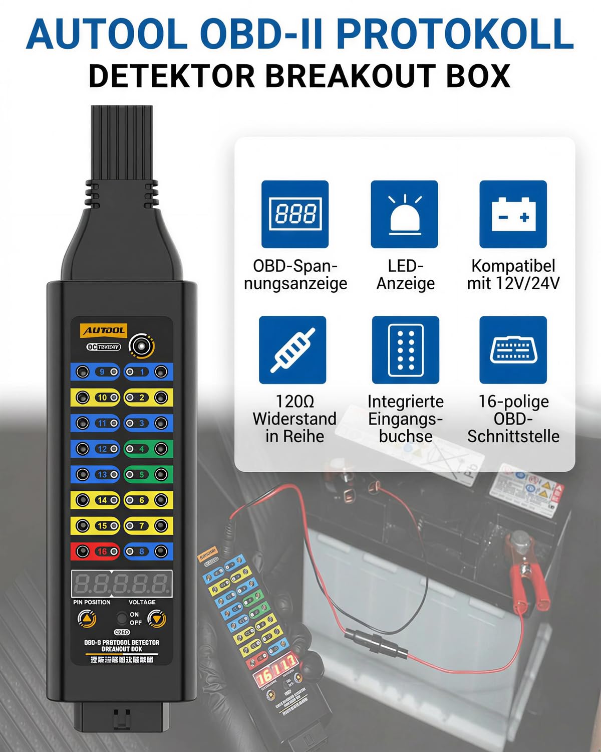 AUTOOL Breakout Box Kfz - OBD-II-Protokoll-Detektor mit Spannungsanzeige, 16-pin CAN, Jumper, kompatibel mit Scanner/Multimeter/Oszilloskop für elektrische Fahrzeugdiagnosetests