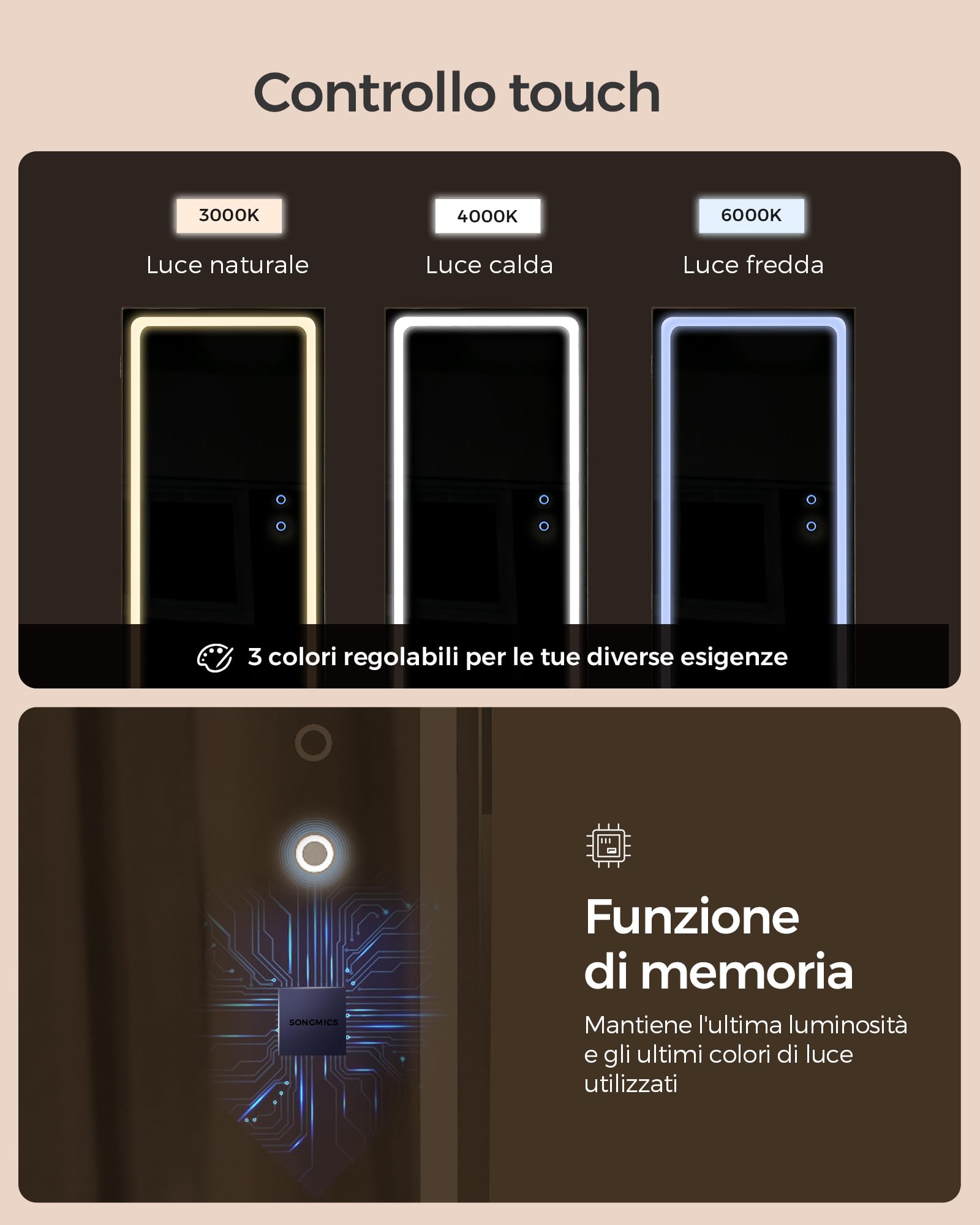 SONGMICS Specchio Portagioie con LED, Armadietto Portagioie da Terra con Chiusura, Specchio a Figura Intera e Luci Regolabili, Mobile per Gioielli Salvaspazio, Idea Regalo, Bianco Nuvola JJC008W03