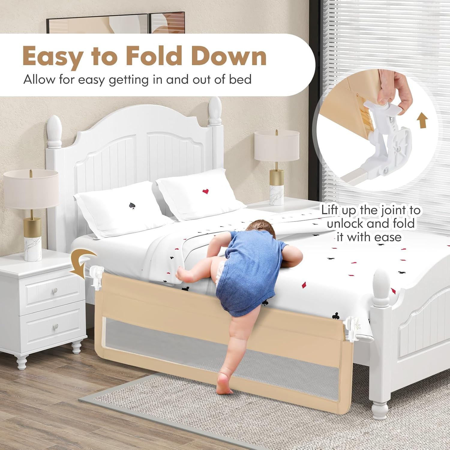 BABY JOY Bed Rails for Toddlers, 71” Extra Long, Upgraded Swing Down Bed Guard w/Safety Strap, Folding Baby Bedrail for Kids Twin, Double, Full Size Queen & King Mattress (71-Inch, Beige)