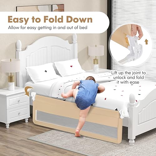 Vista 22 de Costzon Riel de cama para niños pequeños, 2 protectores de cama de seguridad extra largos con correas para cuna convertible, cama individual, doble