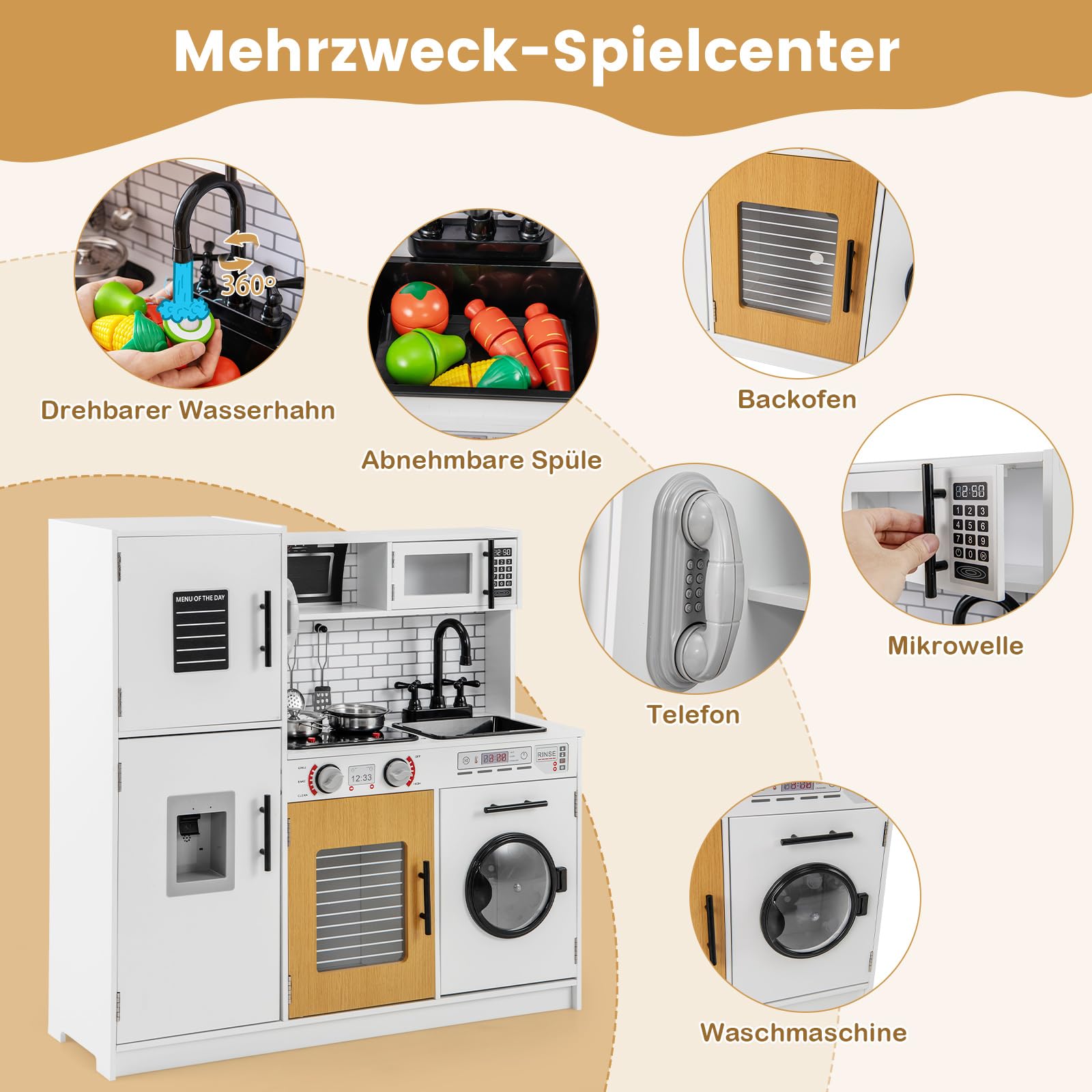 COSTWAY Kinderküche mit Licht und Sound, Spielküchen Holz mit Ofen Mikrowelle Telefon Wasserspender, Spielzeugküche inkl. Küchenzubehör für Jungen und Mädchen ab 3 Jahren (Weiß)