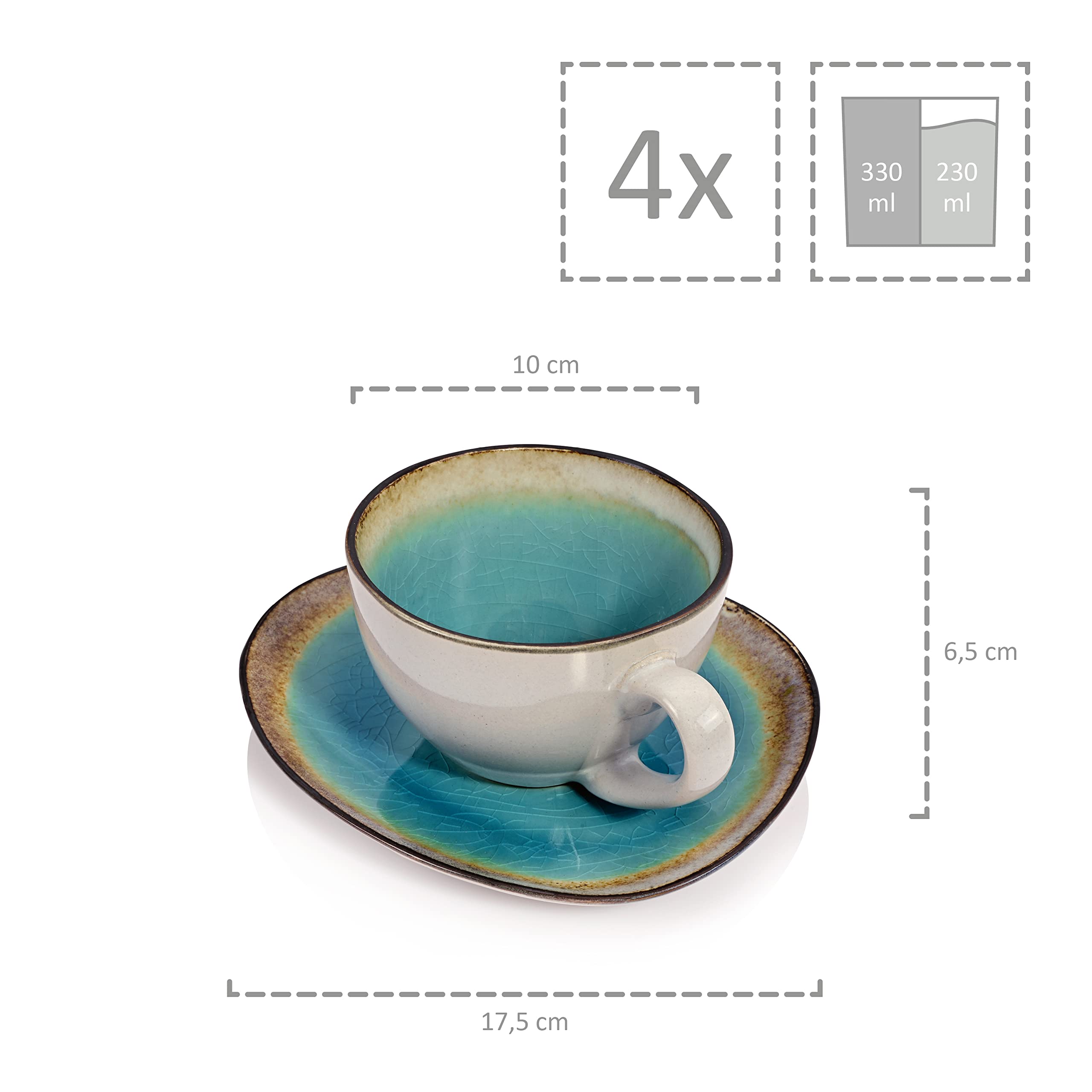 Sänger | Kaffeeservice Capri aus Steingut, Kaffeetassen Set für 4 Personen, Kaffeebecher, Untersetzer, Teller, Kaffee Tassen Sets 12-teilig, Kaffeebecher Set mit Steingut Becher | PREMIUM COLLECTION