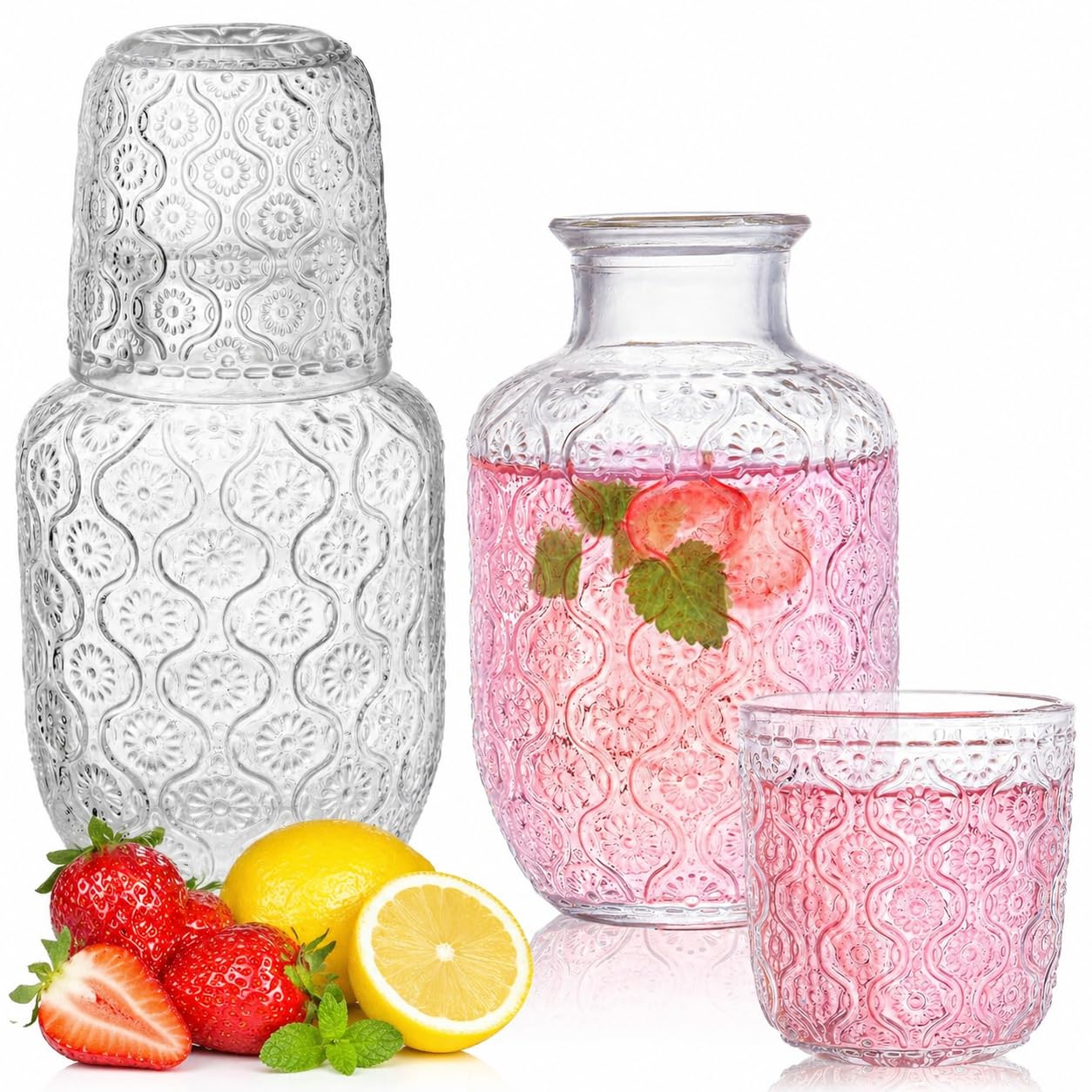 Xygobla Vintage Bedside Water Carafe Set, Bedside Water Carafe and Glass Set, 500ml Glass Juice Pitcher and 150ml Cup, Thicked Glasses Mouthwash Decanter for Bathroom,Bedroom Nightstand,Kitchen (A) — image 1