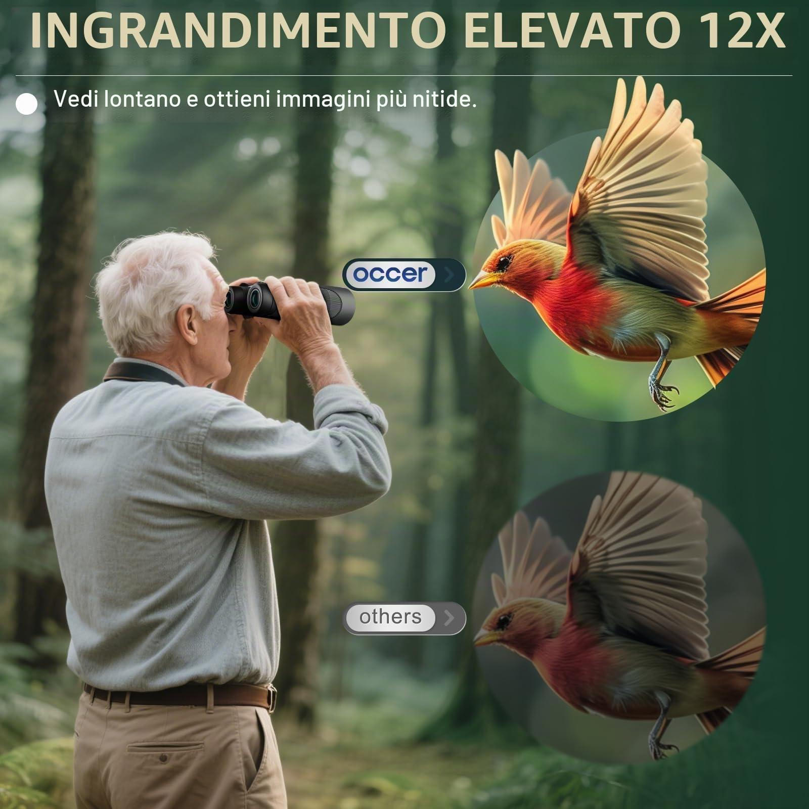 Binocolo per bird watching, 12 x 50, per adulti, HD, ad alta potenza, con visione chiara, facile messa a fuoco, con lungo raggio, per caccia, escursionismo, viaggi, crociera, concerti, osservazione