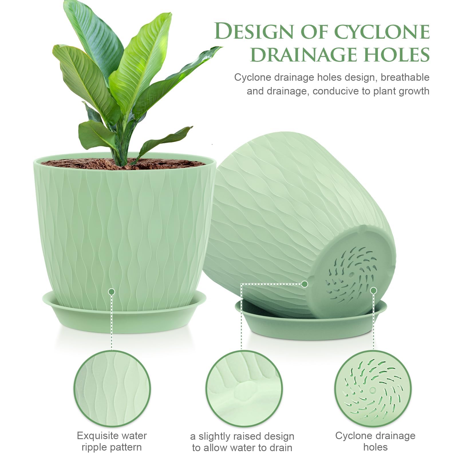 MUAEEOK 18CM 5 Pack Plant Pots Indoor Stripe Grooves Plastic Flower Pots with Drainage Holes and Tray - Image 4