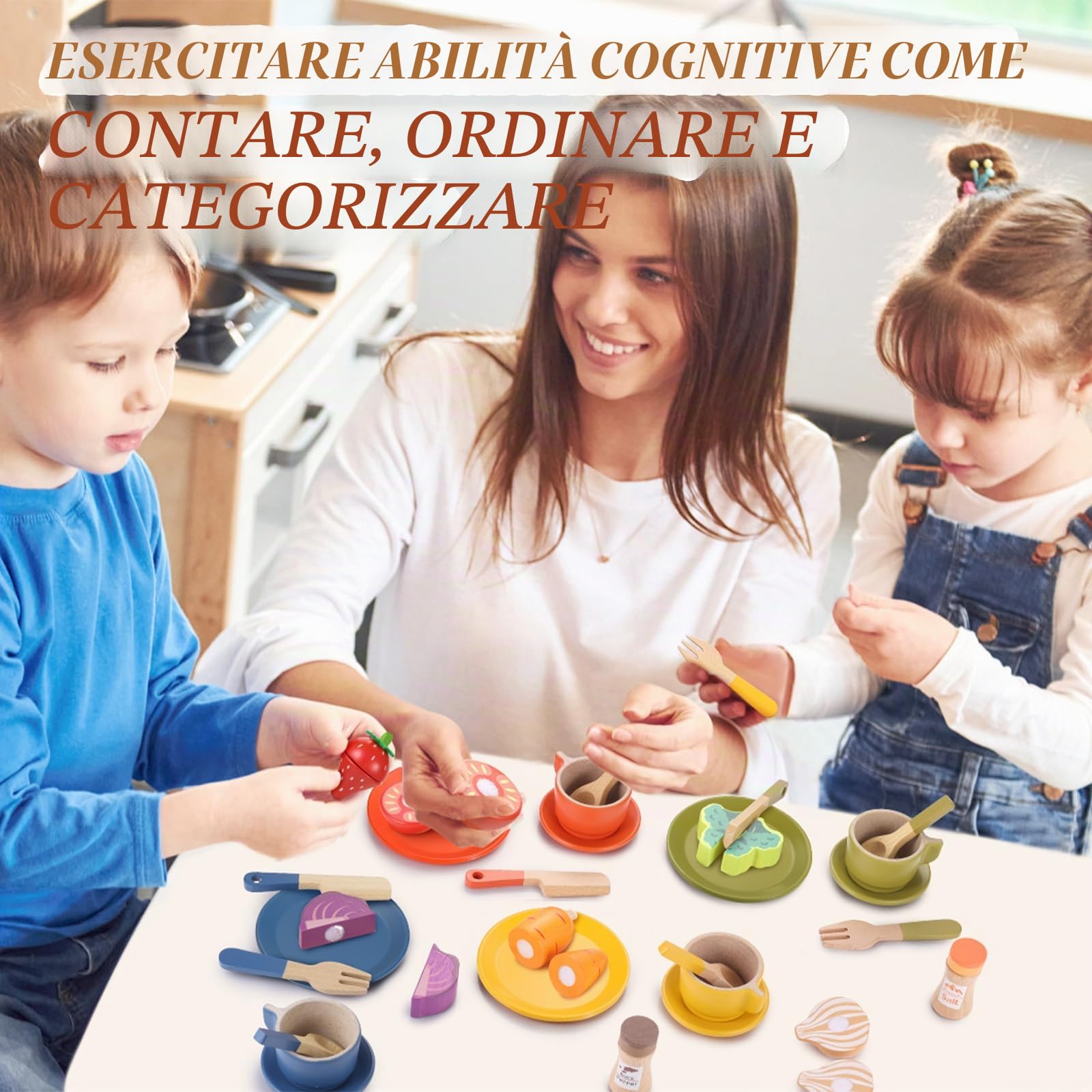 GAGAKU Set di cibo da gioco in legno per la cucina dei bambini, giocattoli Montessori in legno con piatti e piatti per bambini ragazzi e ragazze regali