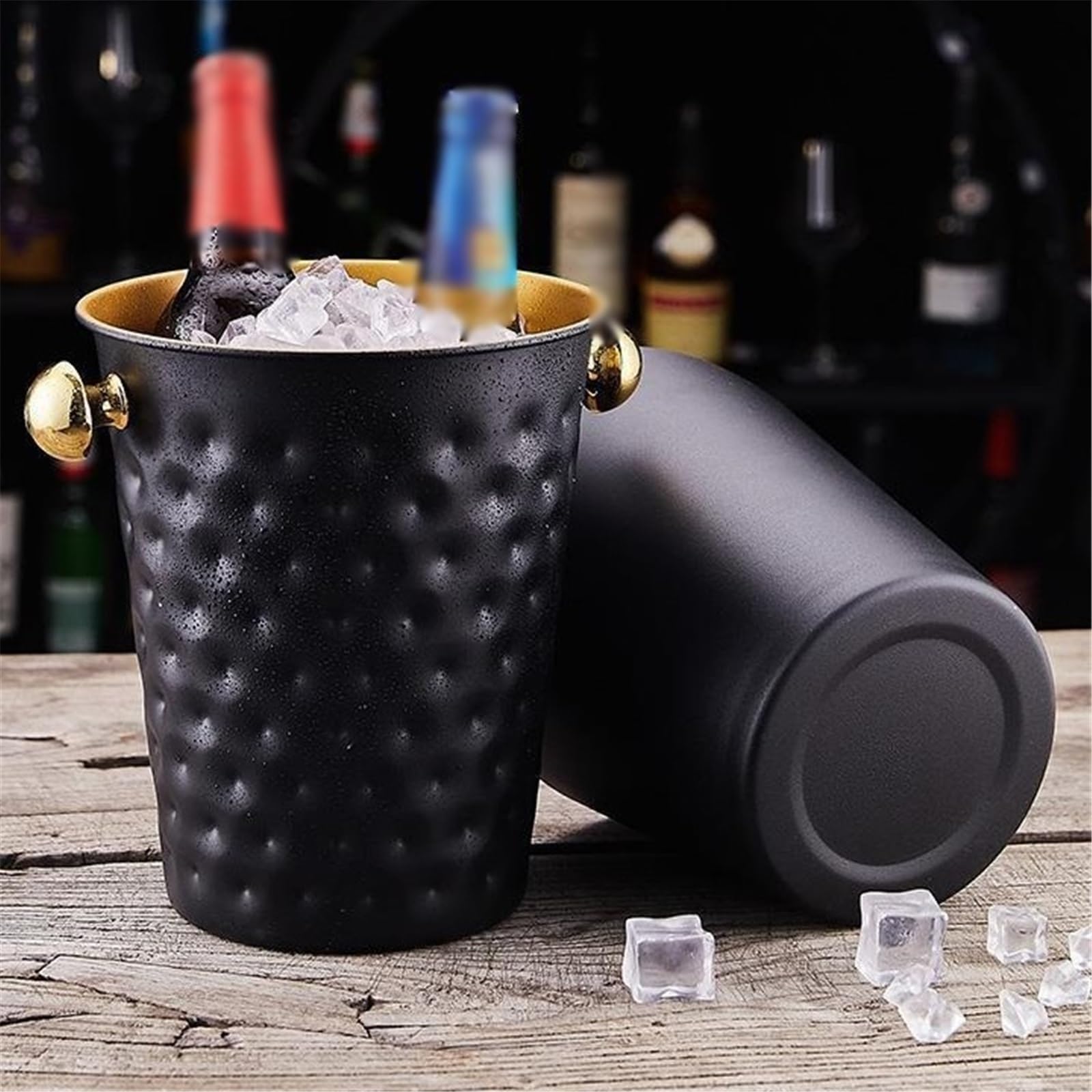 Cubo de Hielo Cubo de Hielo Grueso Acero Inoxidable con asa, Ideal for Bar en casa, for Enfriar Cerveza, champán y Vino Cubo de Hielo frío para Barra(Gold)