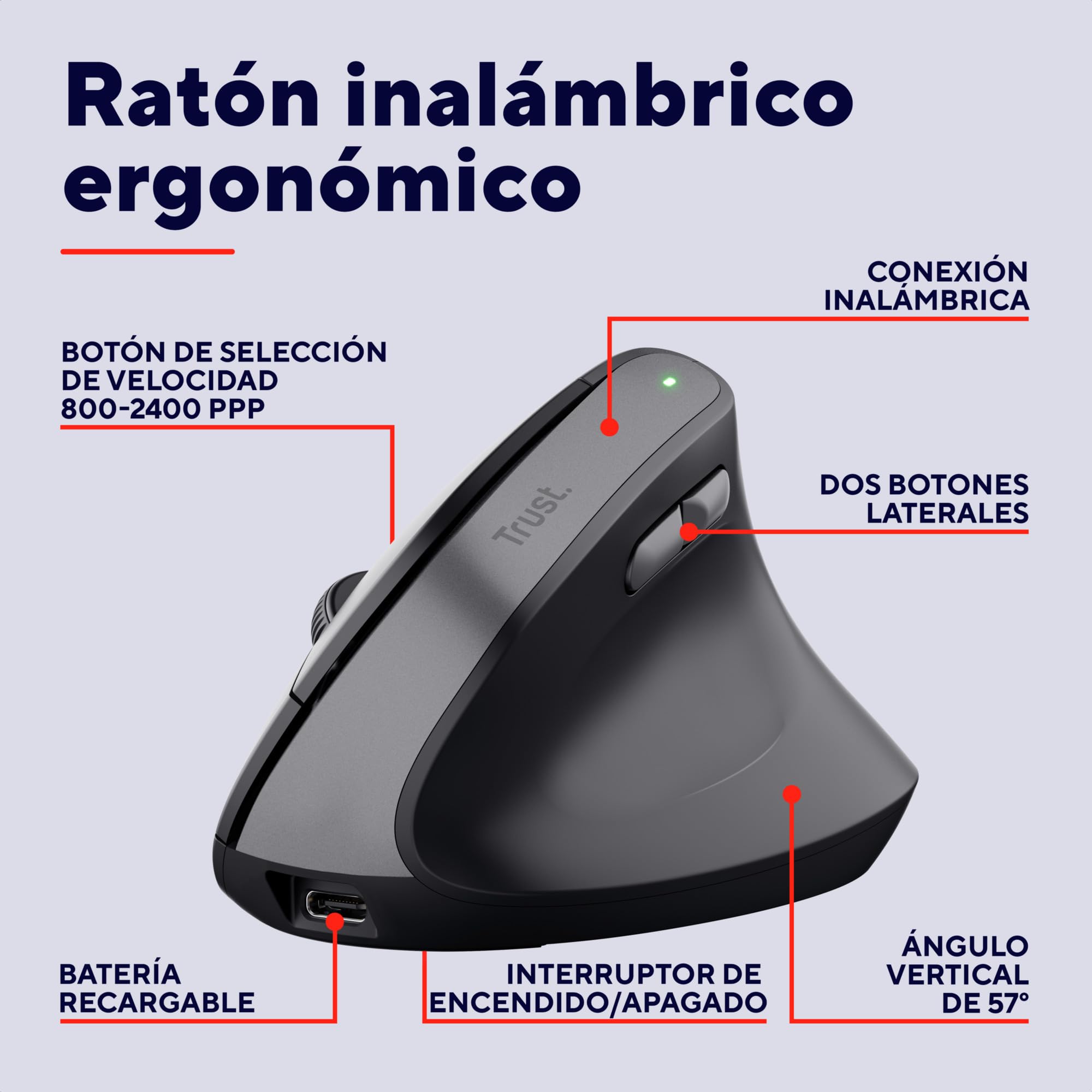 Trust Yuno Ratón Vertical Inalámbrico, Ratón Ergonómico Recargable 2.4GHz, Reducir la Tensión en Brazos y Muñecas, 800-2400 dpi, 70% Plástico Reciclado, PC Portátil Mac - Negro