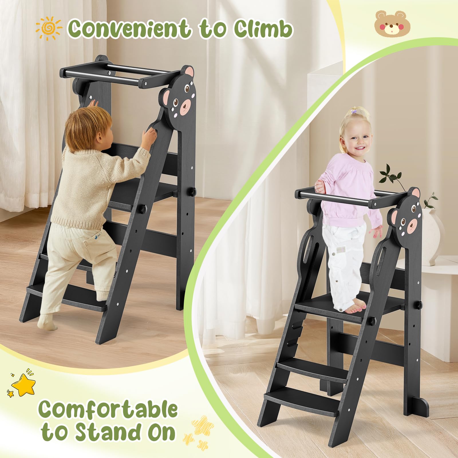 Montessorianischer Klappturm für Kinder, Montessori Learning Tower höhenverstellbar 18 Monate Kinder für Montessori Learning Küche aus Naturholz (Schwarz aktualisiert)