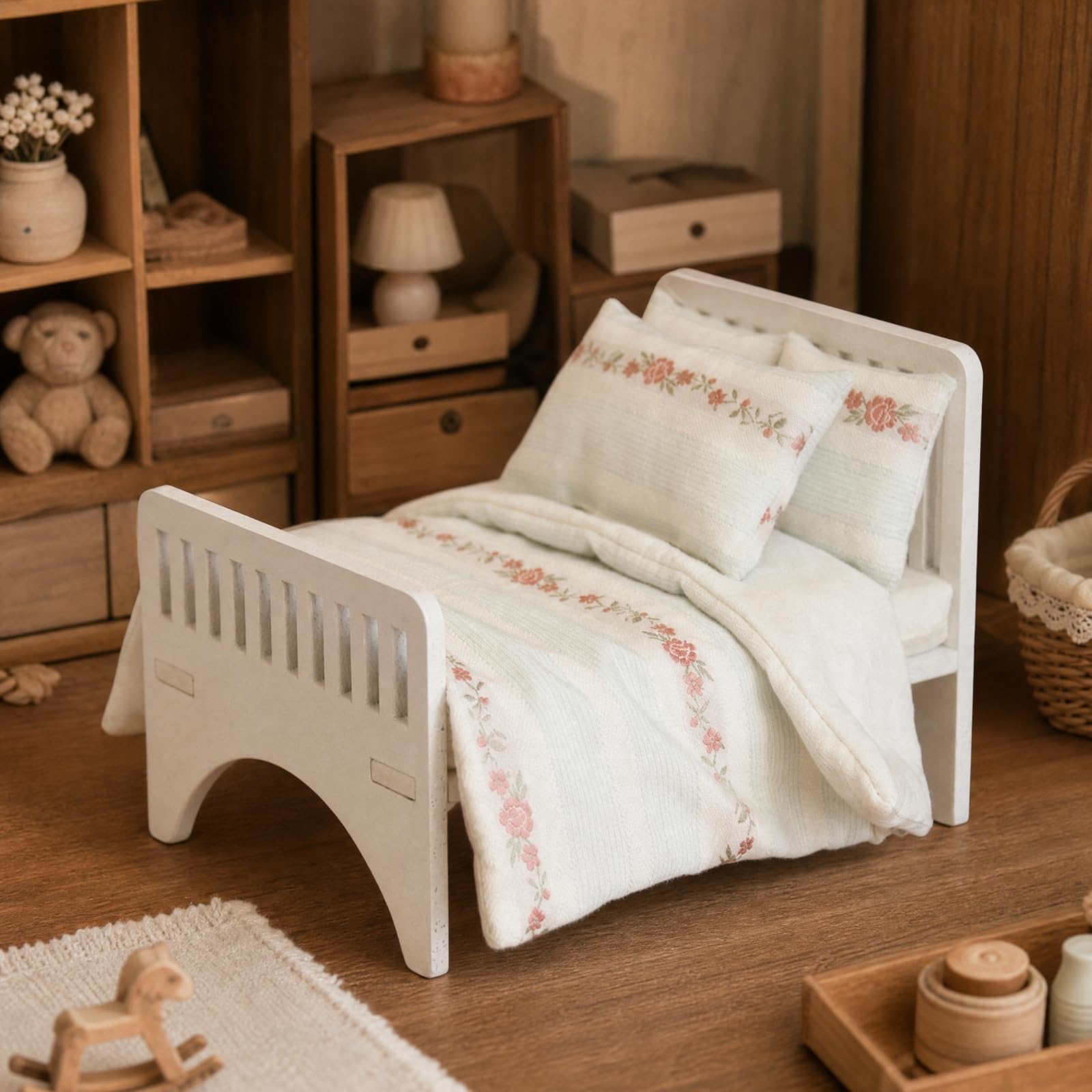 Letto in Legno per Casa Delle Bambole | Elegante, Sicuro, Letto per Bambole con Materassi e Cuscini, Diorama, Bambini, Collezionisti,
